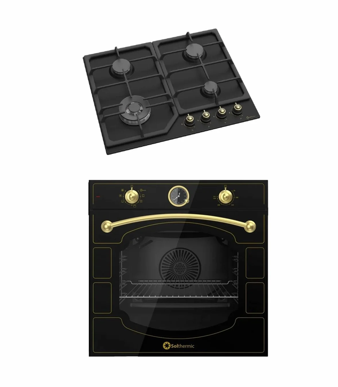 CONJUNTO ENCIMERA GAS + HORNO ELECTRICO MULTIFUNCION/ESTILO RUSTICO NEGRO CON MANDOS DORADOS/ANCHO 60 CMS/ENCIMERA 4 FUEGOS/HORNO 64 L.