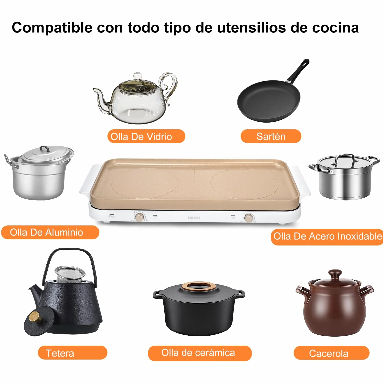 AEWHALE Cocina Eléctrica Portátil doble 2000 W,15.24 Cm de Diámetro, con Una Placa de Cerámica Antiadherente Extraíble y 5 Niveles de Regulación de Temperatura