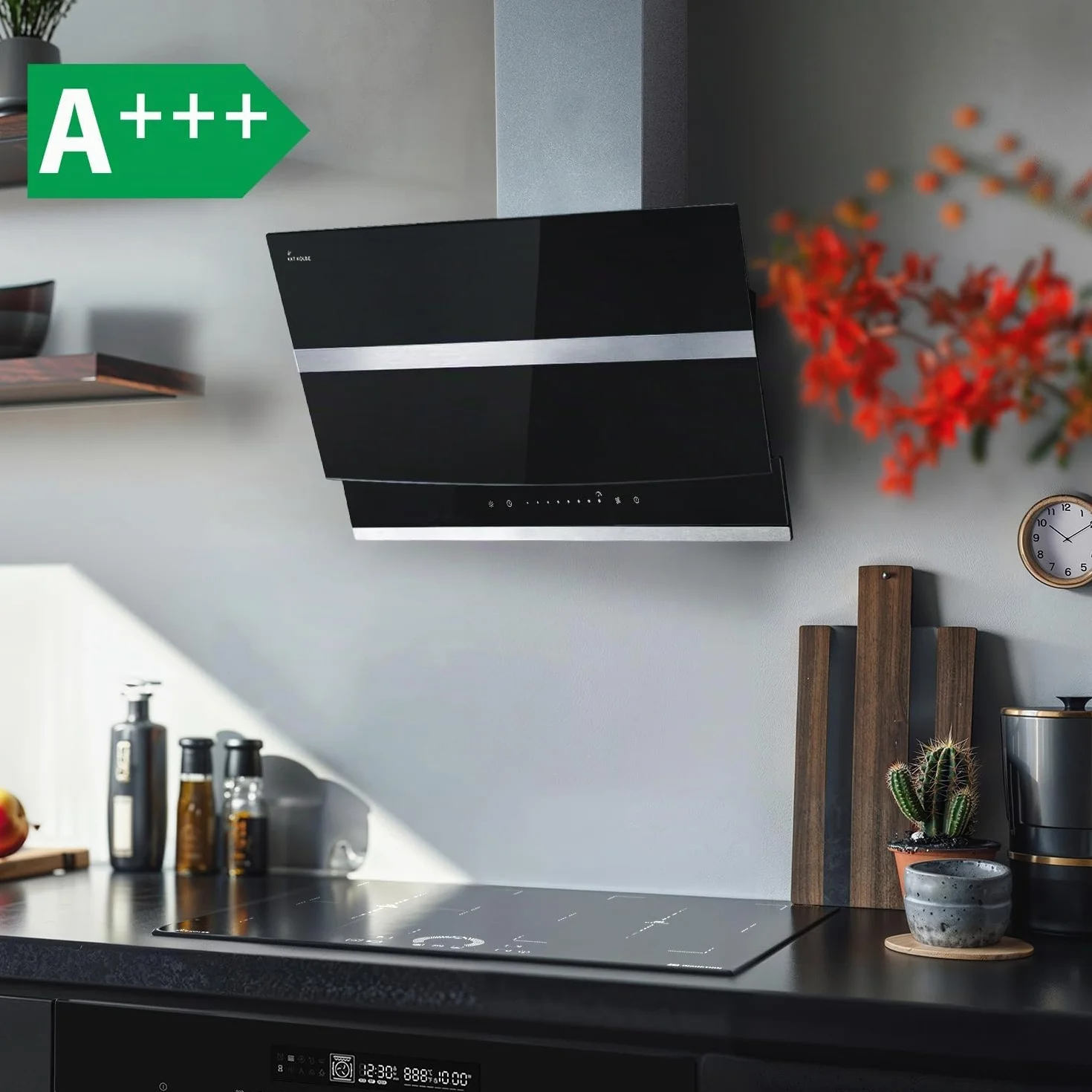 Campana Extractora 80 cm | Campana de Pared Inclinada | acero inoxidable | vidrio negro | apagado automático | Funcionamiento táctil | HERMES8005S