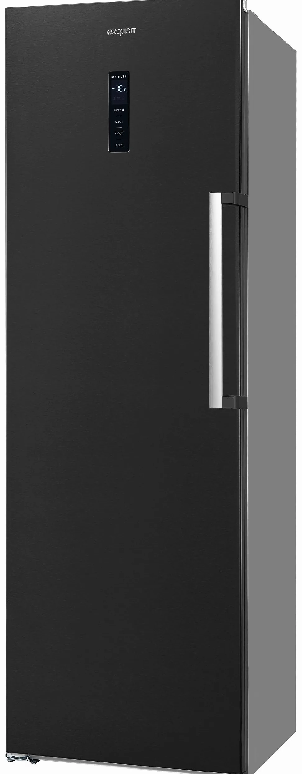 Exquisit® Congelador Vertical, 274L, Clase D, Material Acero Inox Antracita, Tecnología No-Frost, Control Digital, Cajón XL, Altura Regulable, Consumo 197 kWh/año, Medidas 185x60x66 Cm.