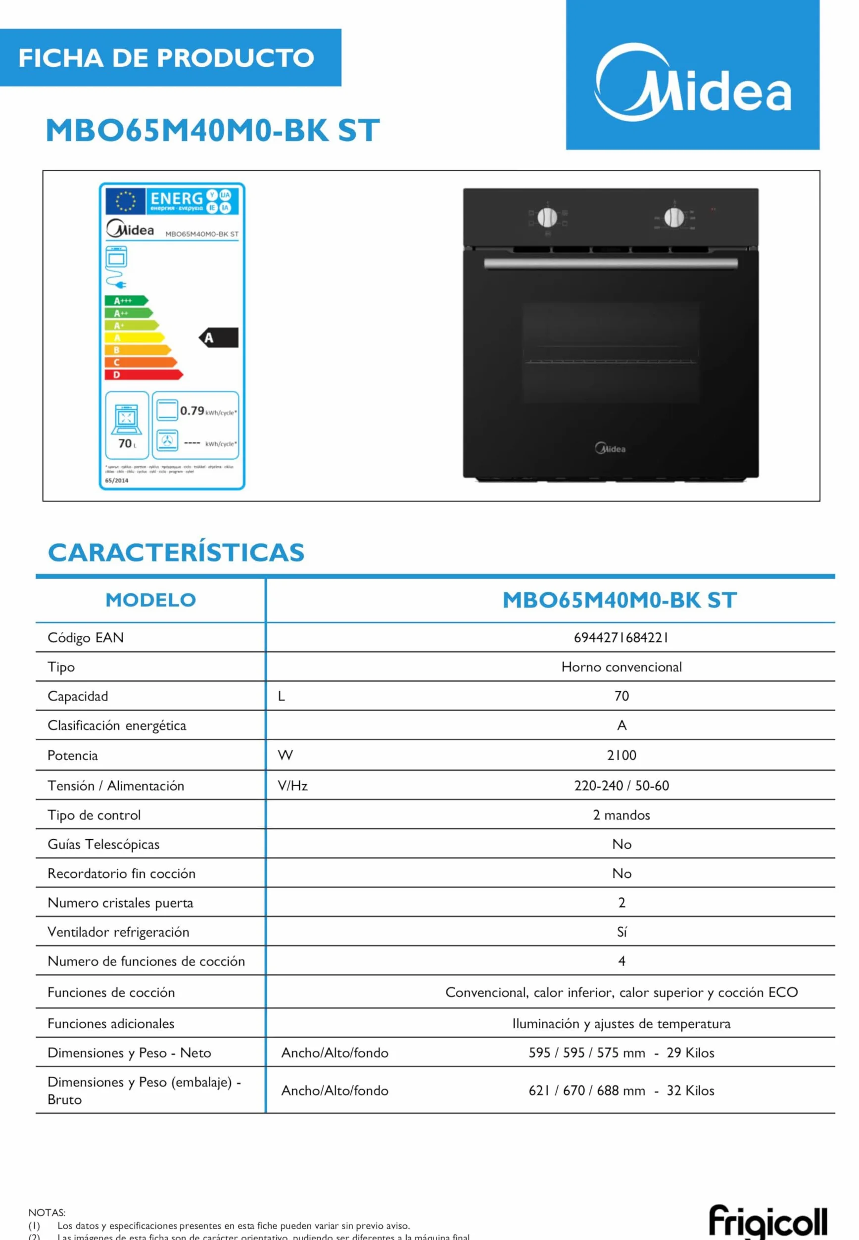 Midea Horno Electrico Empotrable Convencional de 70L y 2100W - Horno Integrable Negro con 4 funciones, Modo ECO - Hornos con Luz Led de Bajo Consumo, Puerta Doble Cristal, Bandeja Universal, y Rejilla