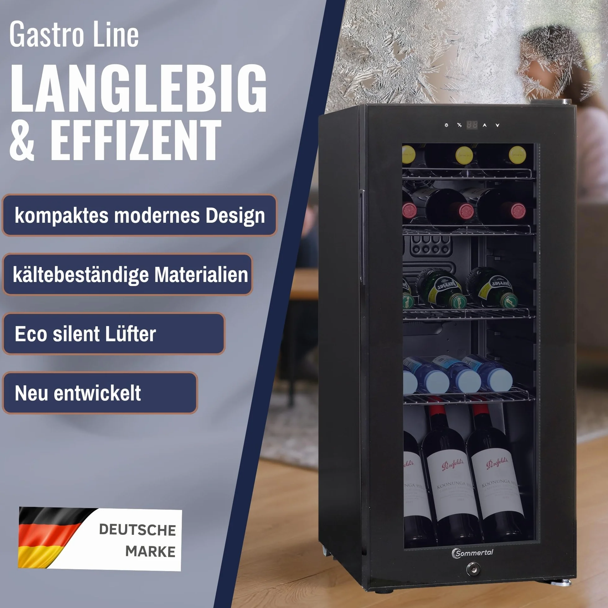 Sommertal Frigorifero GK60 – Frigorífico silencioso para bebidas con LED, pantalla táctil y candado, pequeño refrigerador para botellas, negro, 60 l