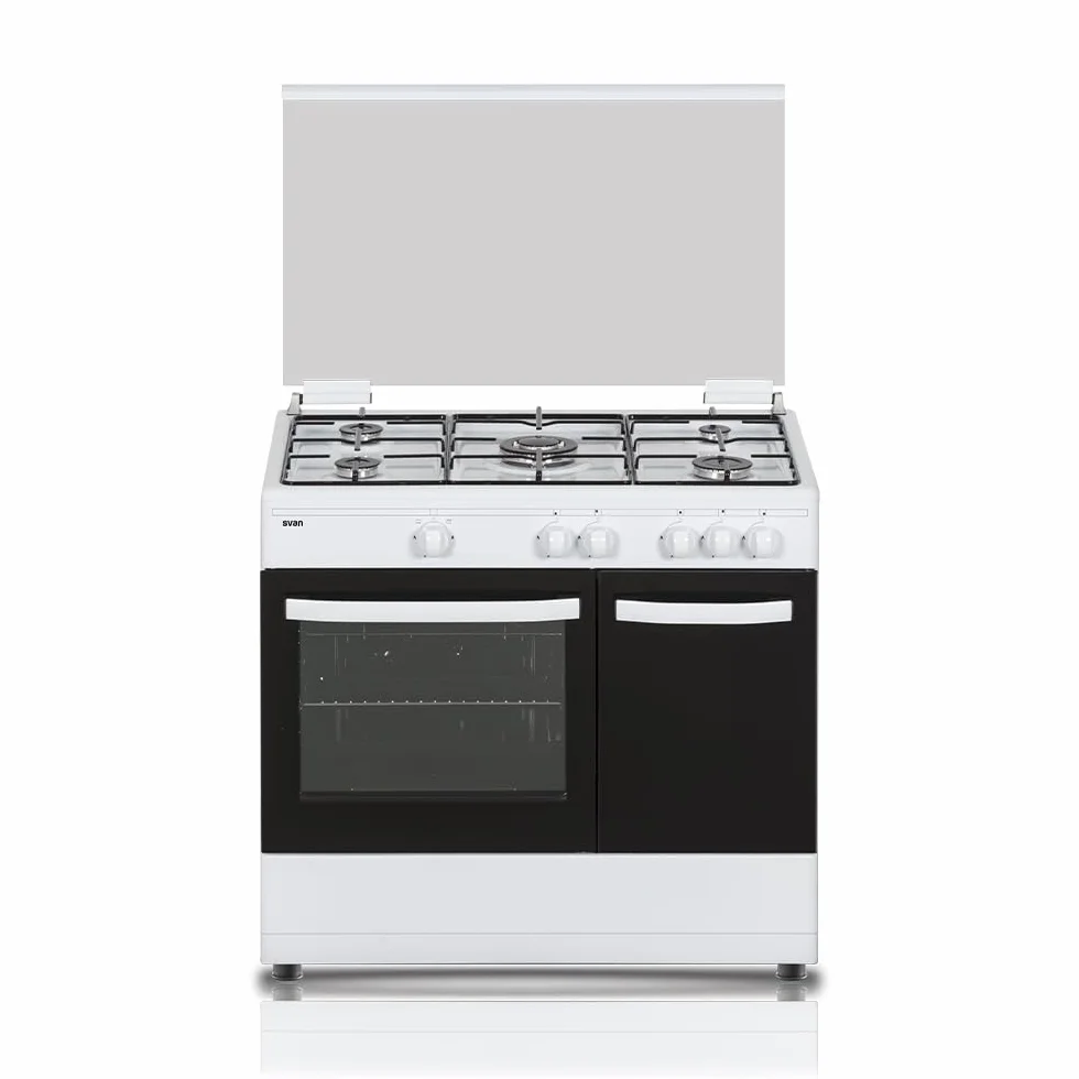 Svan Cocina Gas Butano 5 Zonas de Cocción, Horno 59 L, Blanco SKGW5900PB. Control Manual, Quemador WOK triple llama, 2 Programas de Cocción, Cristal en Puerta de Doble Capa, Tapa Abatible