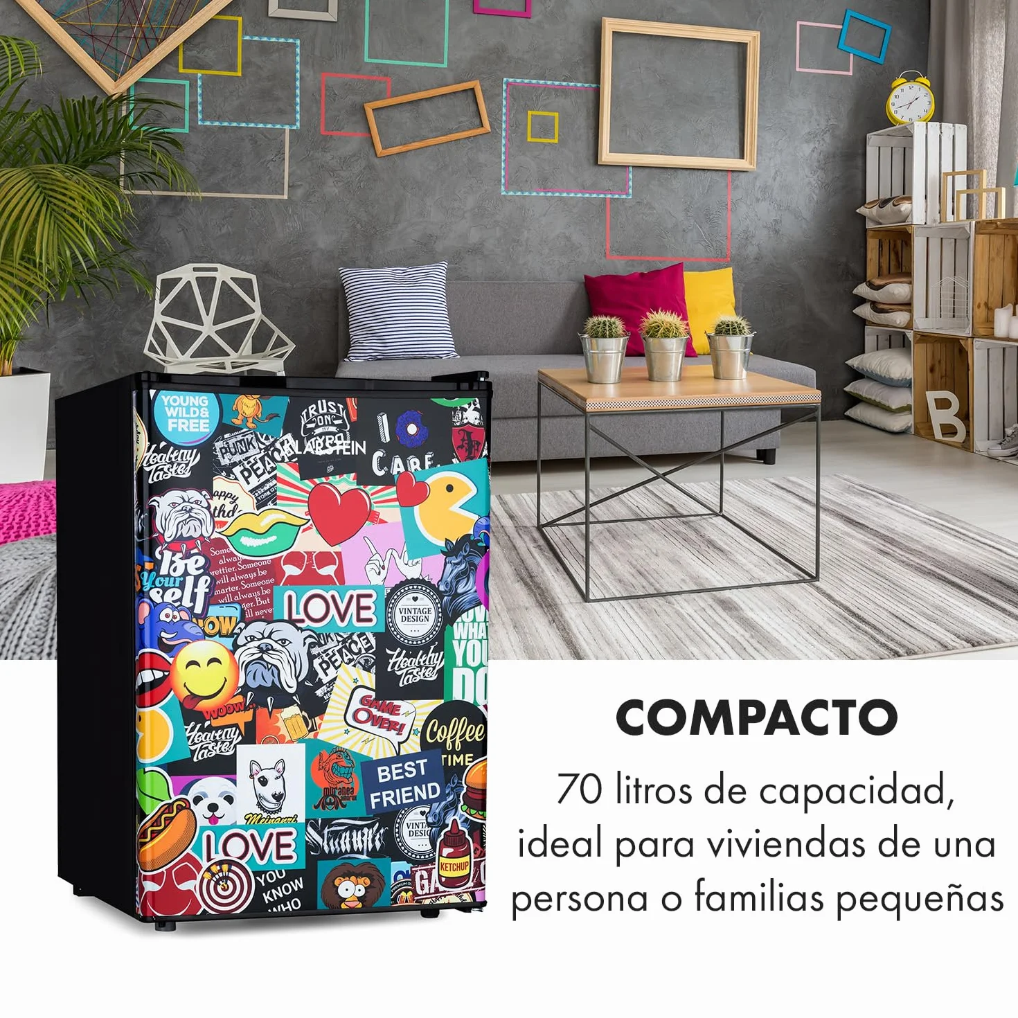 Klarstein Cool Vibe - Refrigerator, capacity: 70 litres, VividArt Concept: door with sticker bomb design print, ice compartment, ice cube tray, noise level: 42 dB, black