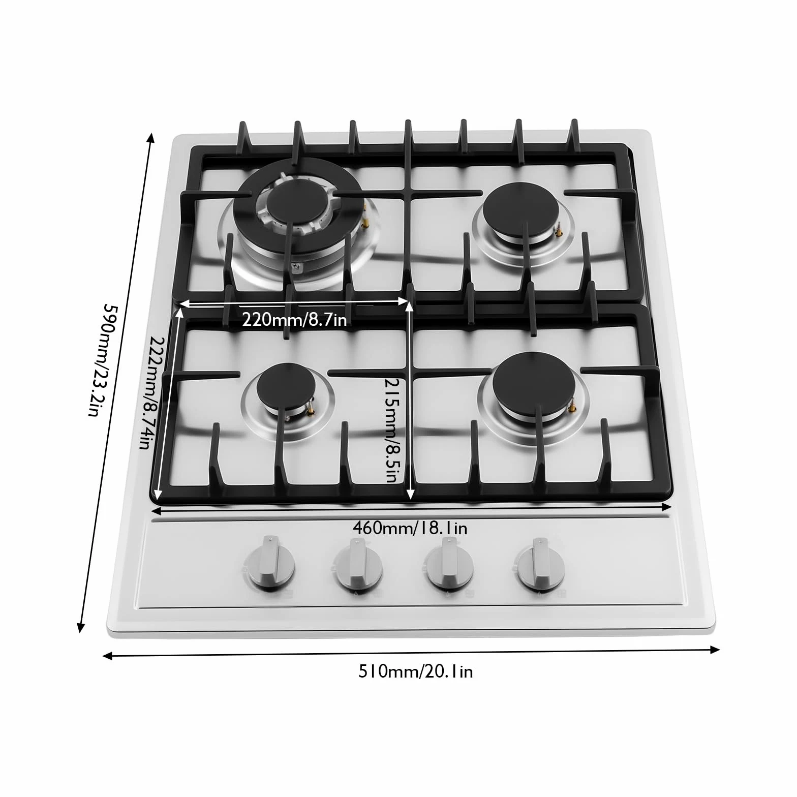 Cocina de gas de 4 fuegos, acero inoxidable, empotrable, gas natural/propano, eficiente y de bajo consumo, 7500 W, 4 zonas de cocción (3000 W + 1750 W + 1750 W + 1000 W), 4 zonas de cocina de