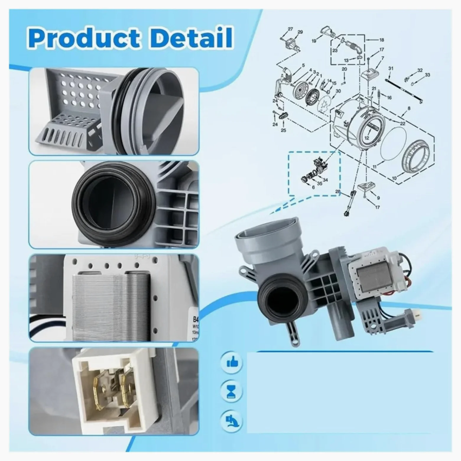 W10425238 Motor Bomba De Desagüe Lavadora 120V, Compatible Para Whirlpool | Conjunto Descarga Agua Eliminación Líquidos Salida Aparato Componente Succión Circulación Mecanismo Unidad