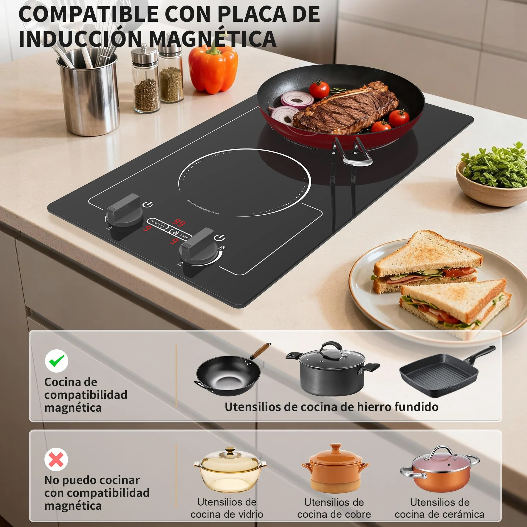 VBGK induccion 2 fuegos,220V 3000W placa induccion 2 fuegos con pantalla táctil LED, 10 niveles de potencia, bloqueo infantil y temporizador, protección contra sobrecalentamiento