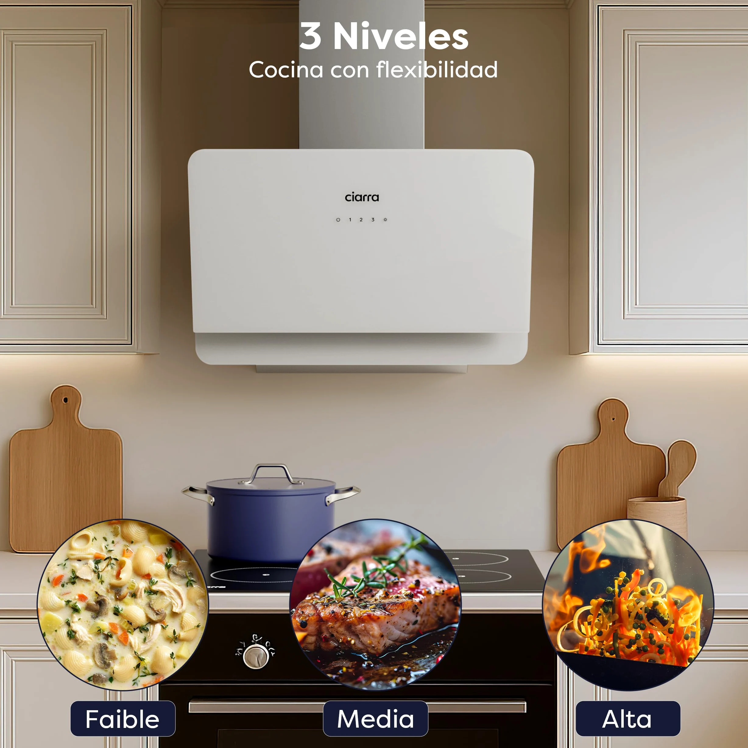 Ciarra CBCS6765C Clase A+ Campana Extractora 60 cm 580 m³/h Blanco | 3 Velocidades - Modo Reciclaje o Evacuación - Filtro de Carbón CBCF055 Incluido - Control Táctil - Panel de Cristal