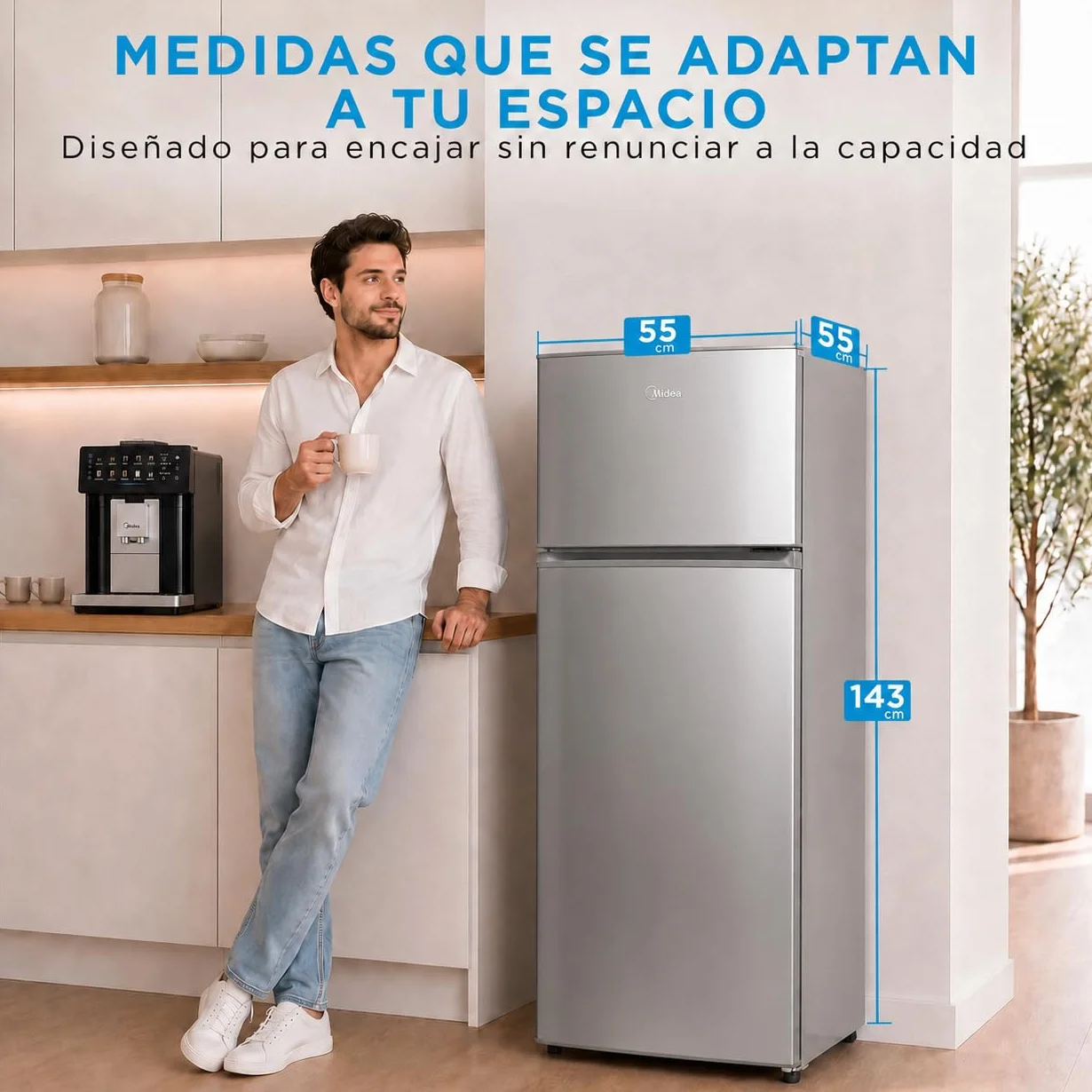 Midea Frigorífico 2 puertas 140 cm alto x 55 cm ancho, Inox, Capacidad 204 L, Nevera Pequeña con Congelador Low Frost de Bajo Consumo, Puerta Reversible, Luz LED, Silencioso 40dB, Cajón de Frutas