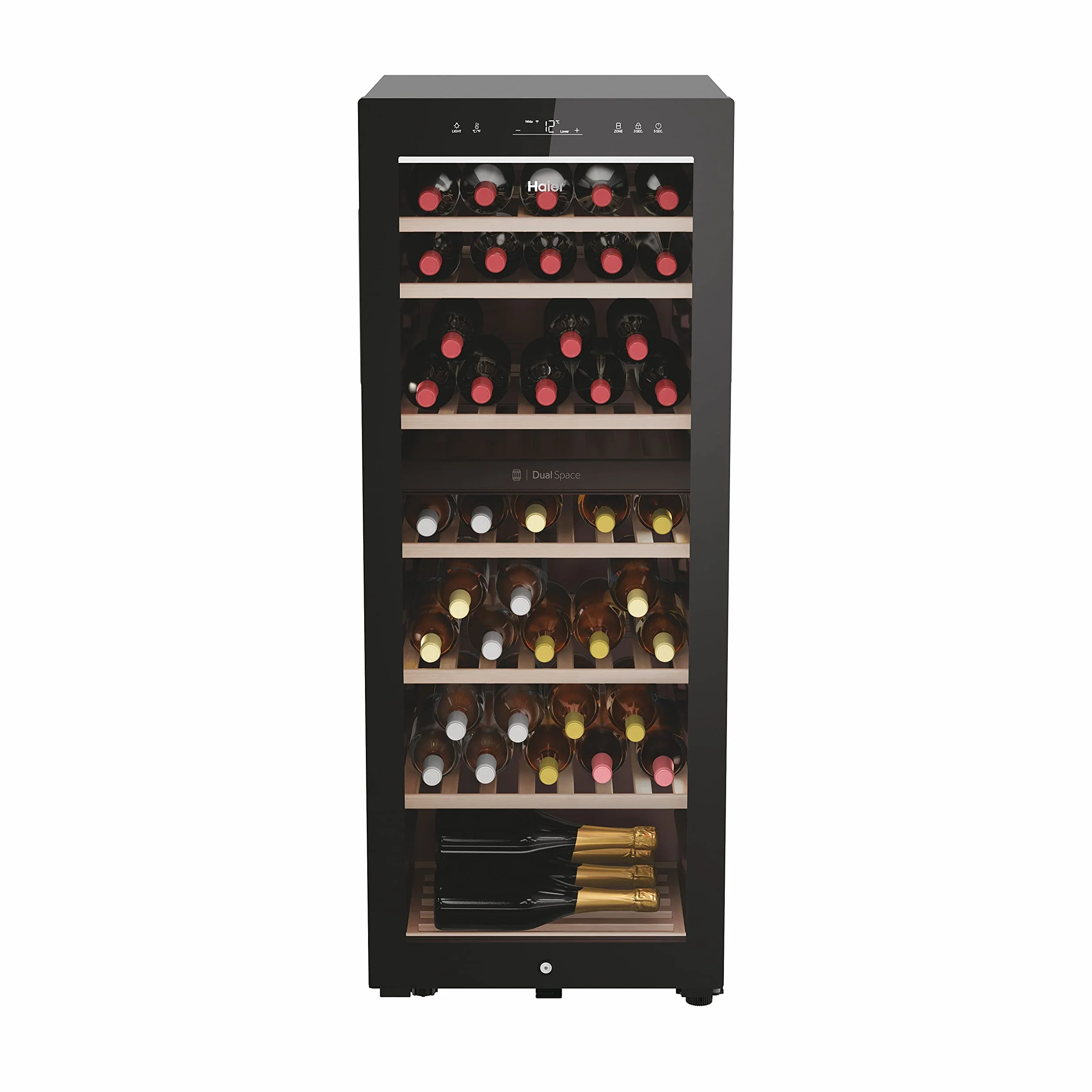 Haier Wine Bank 50 Series 7 HWS77GDAU1 Vinoteca de 77 botellas, WIFI, 2 Zonas, Estantes de madera, Filtro Anti-UV, Filtro de carbón, Refrigeración por Compresor, Display Digital, LED, 37 dbA, Negra