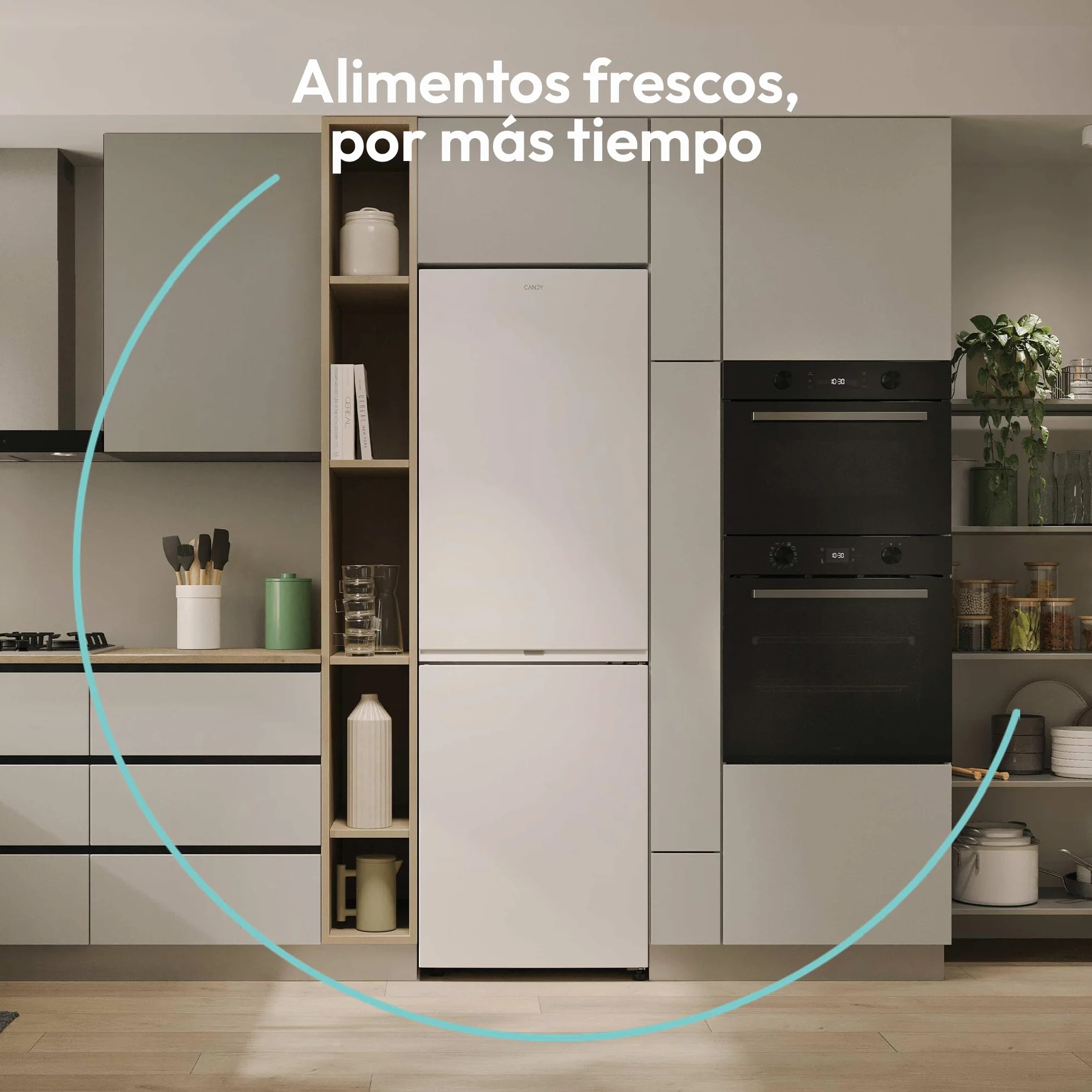 Candy Fresco 300 CNCQ2T618CW, Frigorífico Combi, Capacidad 355L, Total No Frost Circle+, Cajón Verdulero, Control Electrónico de temperatura, 60x185cm, Iluminación LED, Puerta Reversible, 38DB, Blanco
