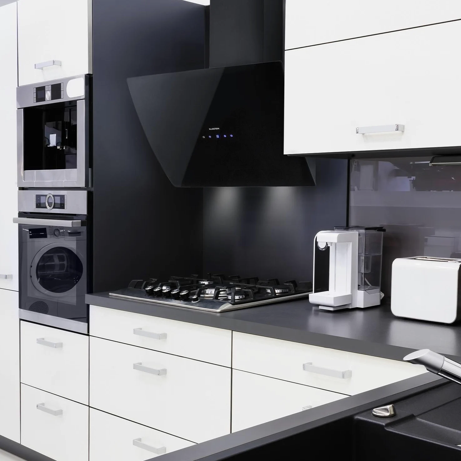 Klarstein Annabelle 60 - Campana extractora de humos, Extractor de pared, Absorción y ventilación, 3 niveles, Absorción de 595 m³/h, Acero inoxidable, Autoapagado, 2 filtros de carbono, Negro