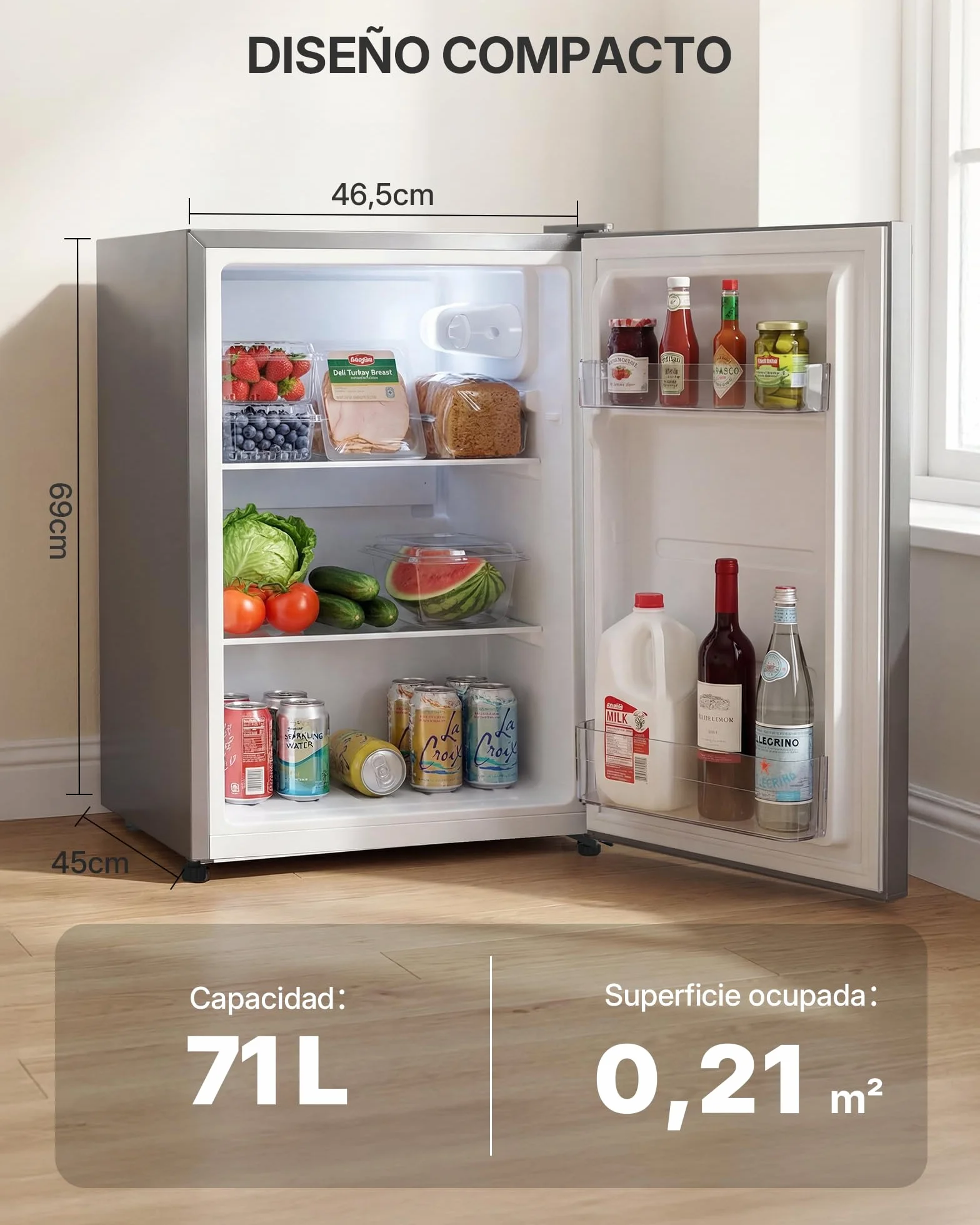 Upstreman 71L Frigorífico Sin Congelador, 1-10°C 7-niveles Regulación de Temperatura, LED-Beleuchtung, 40 dB Silencioso, Energéticamente Eficiente para Dormitorio, Oficina, Cocina, CR71- -Plata