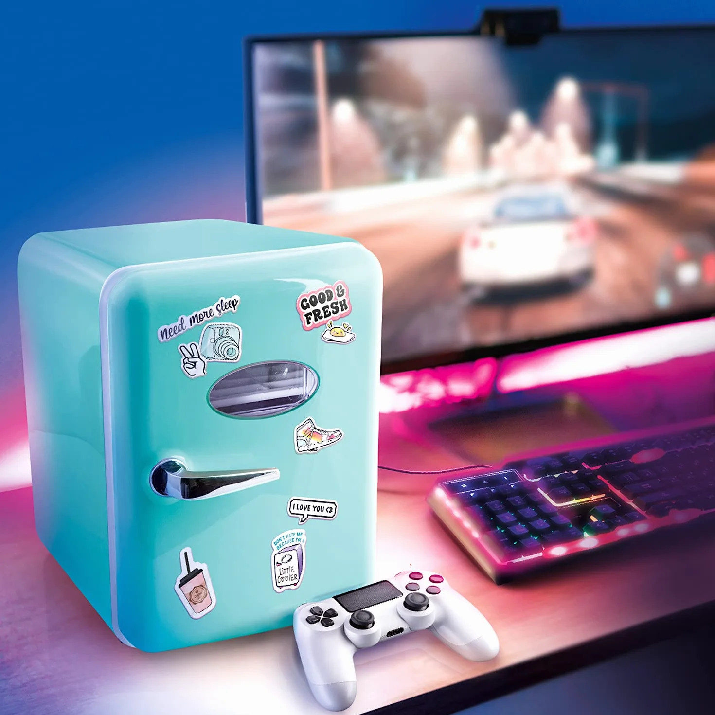 Canal Toys - Mini Fridge - Nevera Portátil - Refrigerador Azul Ideal para Regalo - Neverita con Cable USB y Pegatinas Decorativas - INF037
