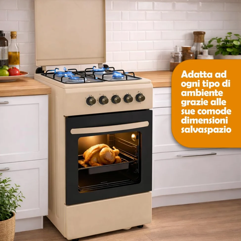 BAKAJI Cocina de exterior de alimentación a gas con horno y 4 fuegos, cocina con quemadores y parrillas extraíbles de hierro fundido con mueble y encendido ergonómico, ideal para exteriores e