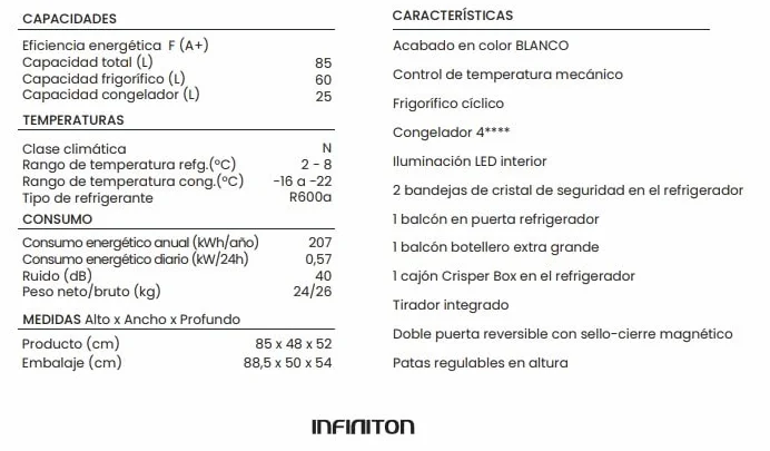 INFINITON | Frigorifico FG-A82B2P | Dos Puertas | Capacidad 85 L | Descongelación DEFROST | Alto 85 Cm | Clase Energética A+ /F | Temperatura Regulable | Color Blanco |