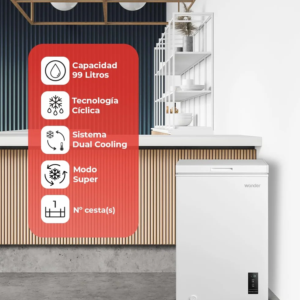 Wonder Congelador Horizontal Blanco WCH1001EDC. Capacidad 99 Litros, Dual Cooling, 1 Cesta, Bajo Nivel Sonoro, Eficiencia Energética Clase E