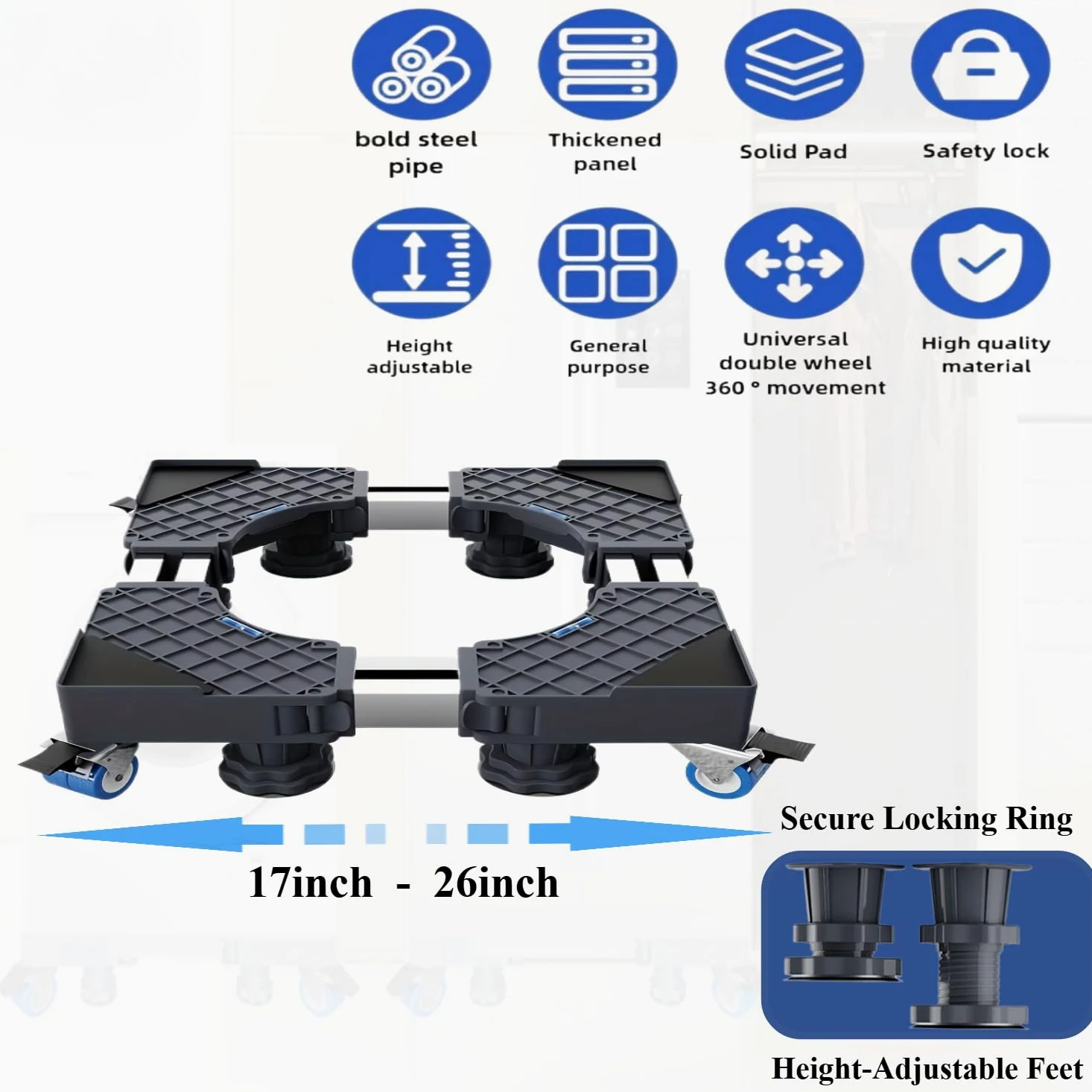BeNisin Soporte antivibración para electrodomésticos: capacidad de carga de 1200 libras/ruedas giratorias bloqueables de 360°/tamaño ajustable (16-26 pulgadas) adecuado para mini refrigeradores