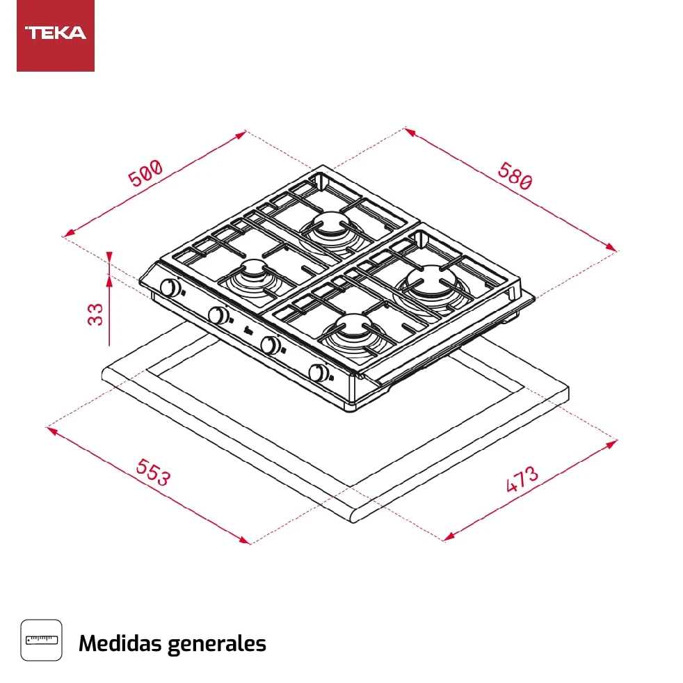 TEKA Placa de Gas 60 cm, 4 Quemadores Alta Eficiencia, Parrillas de Fundición, Doble Anillo, Mandos Frontales Metalizados, Autoencendido, Seguridad Termopar, EX 60.1 4G AI AL DR CI NAT