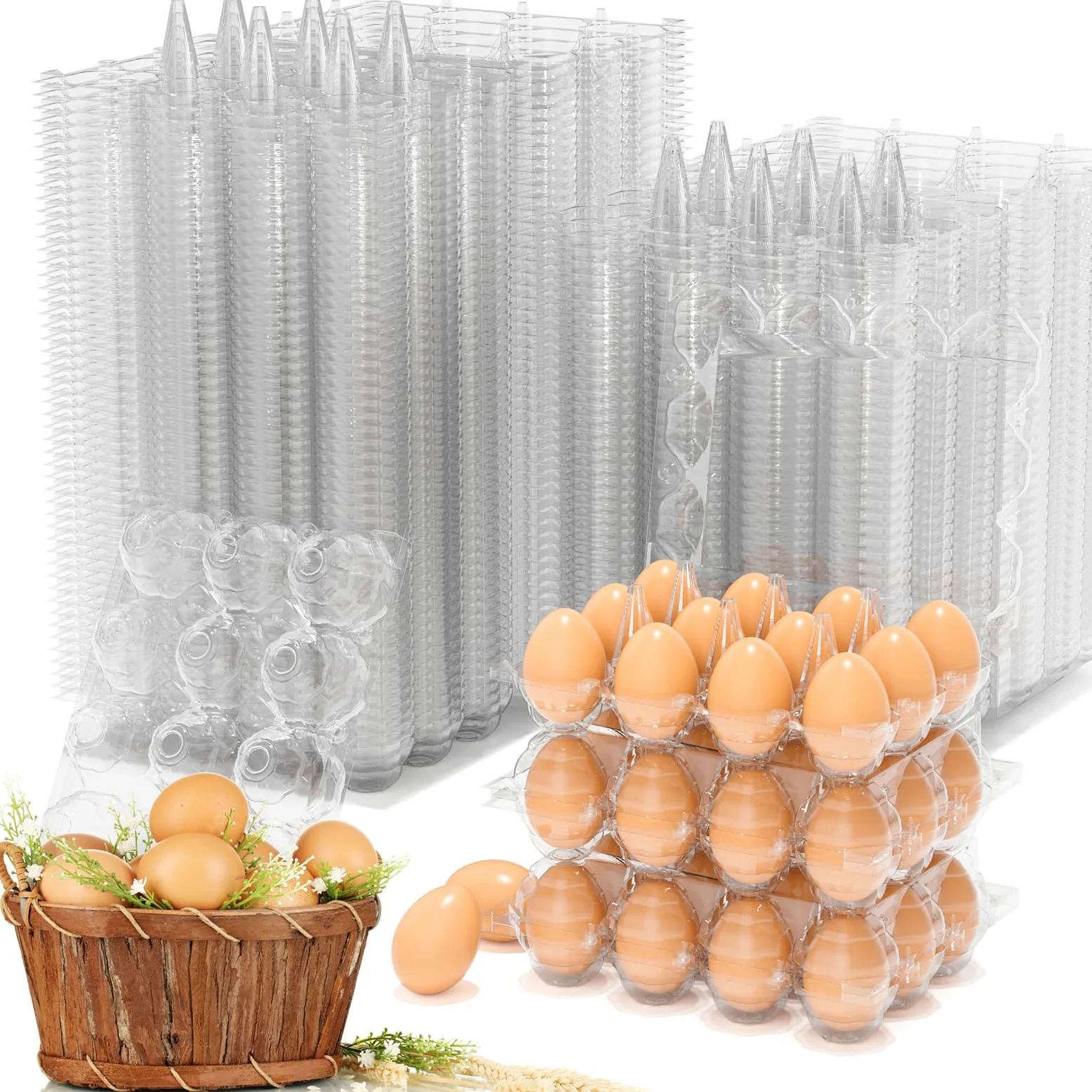 Paquete de 160 cajas de huevos de plástico a granel, 12 recipientes transparentes para huevos de gallina frescos, bandejas de huevos de refrigerador de 3 x 4 rejillas para almacenamiento en