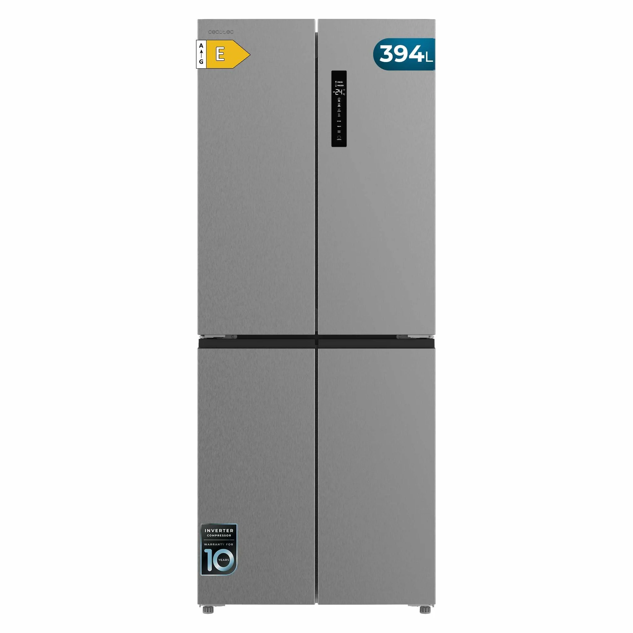 Cecotec Frigorífico 4 Puertas Total No Frost 394L Bolero CoolMarket 4D 394 Inox E. Alto 176cm y 70cm Ancho, Cajón Temperatura Variable, Compresor Inverter, ATT Antibacterias