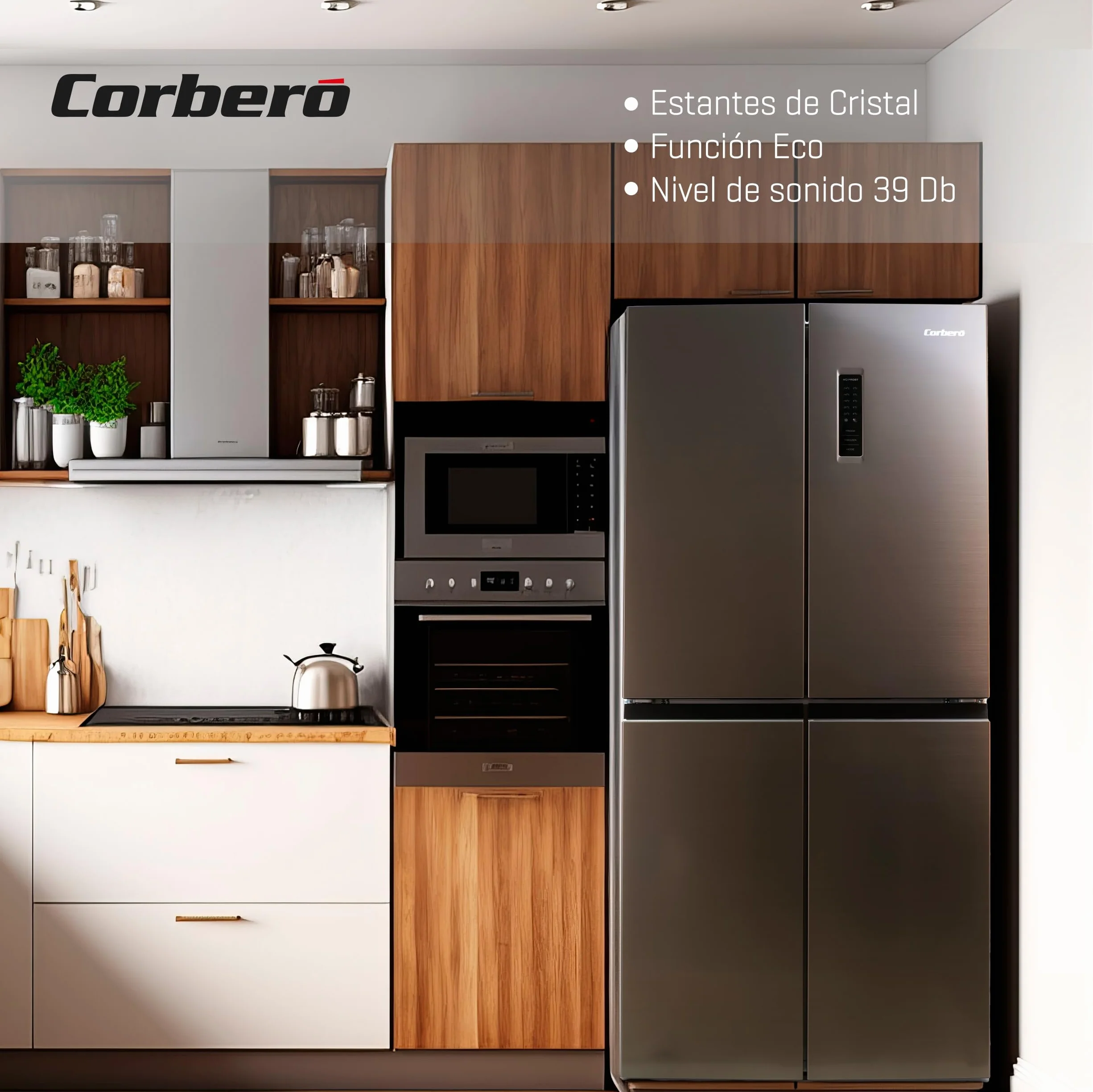 Corberó - Frigorífico 4 Puertas | CF4PH4823NFX | No Frost | Inverter | 362L | 180 cm | Display Puerta | Fresh Box | Crisper | Fresh Box Convertible | Estantes de Cristal | Función Eco | Inox