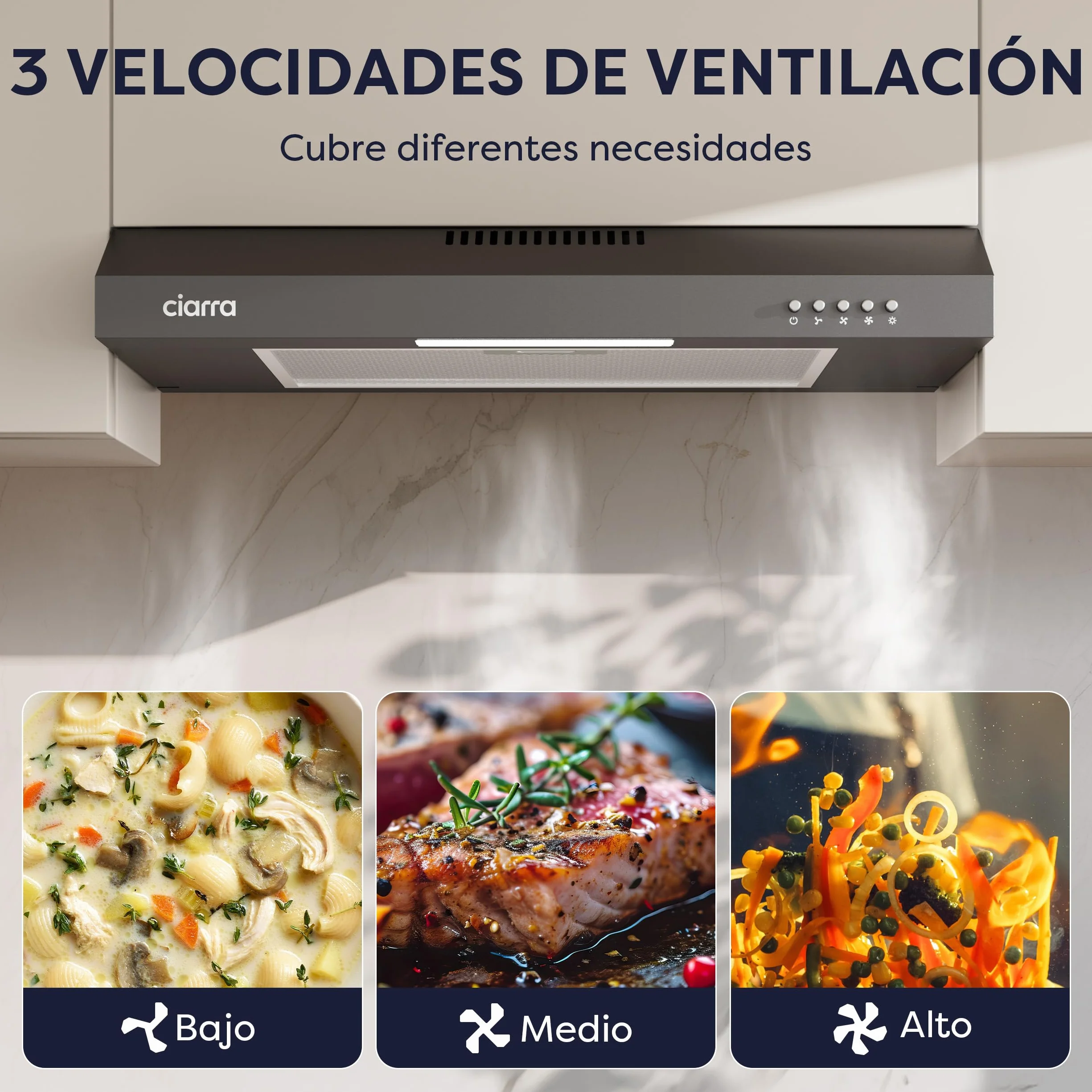 CIARRA CAB6903B Campana Extractora 60 cm Extractor Cocina 220m³/h 75W 3 Velocidades Cocina extractora integrada with Filtros de Aluminio