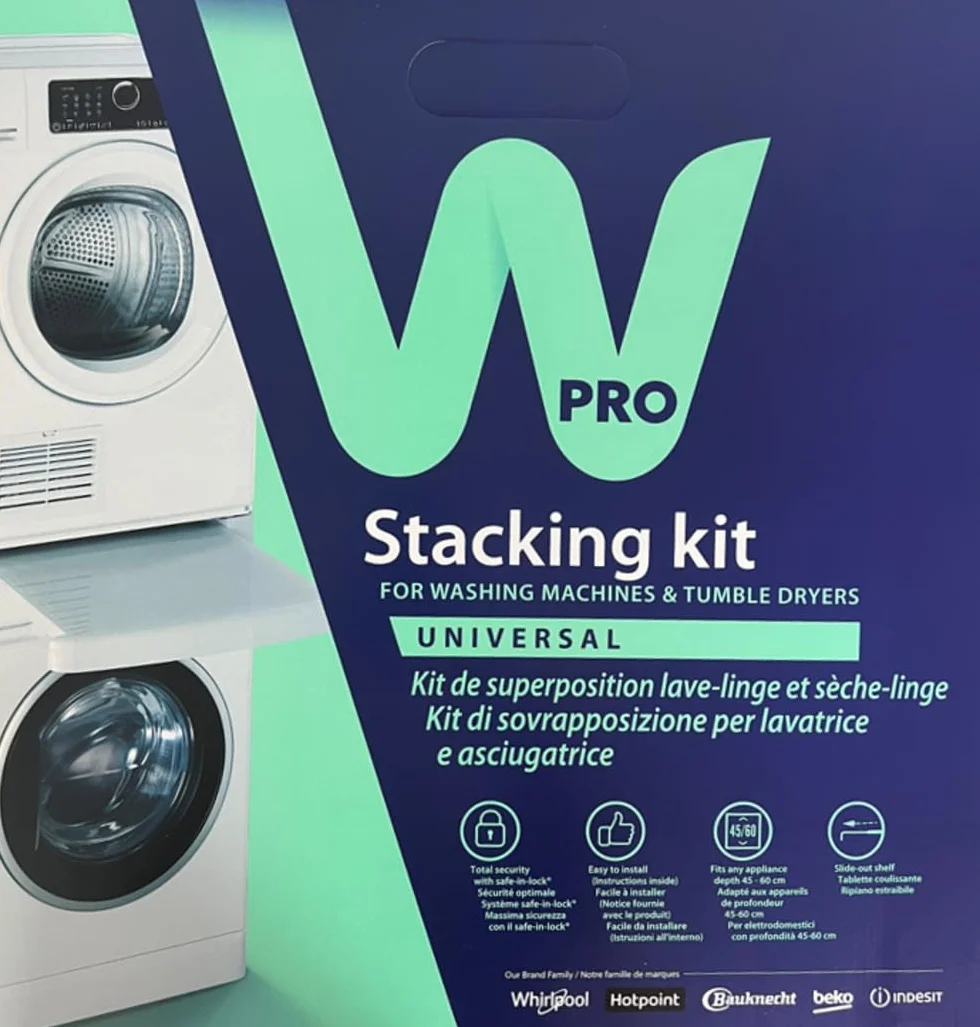 Recamania Kit de Unión Universal Wpro para Torre Lavadora y Secadora 60x60cm – Soporte Apilable con Estante Deslizante Incorporado – Incluye Correa de Seguridad Safe-in-Lock