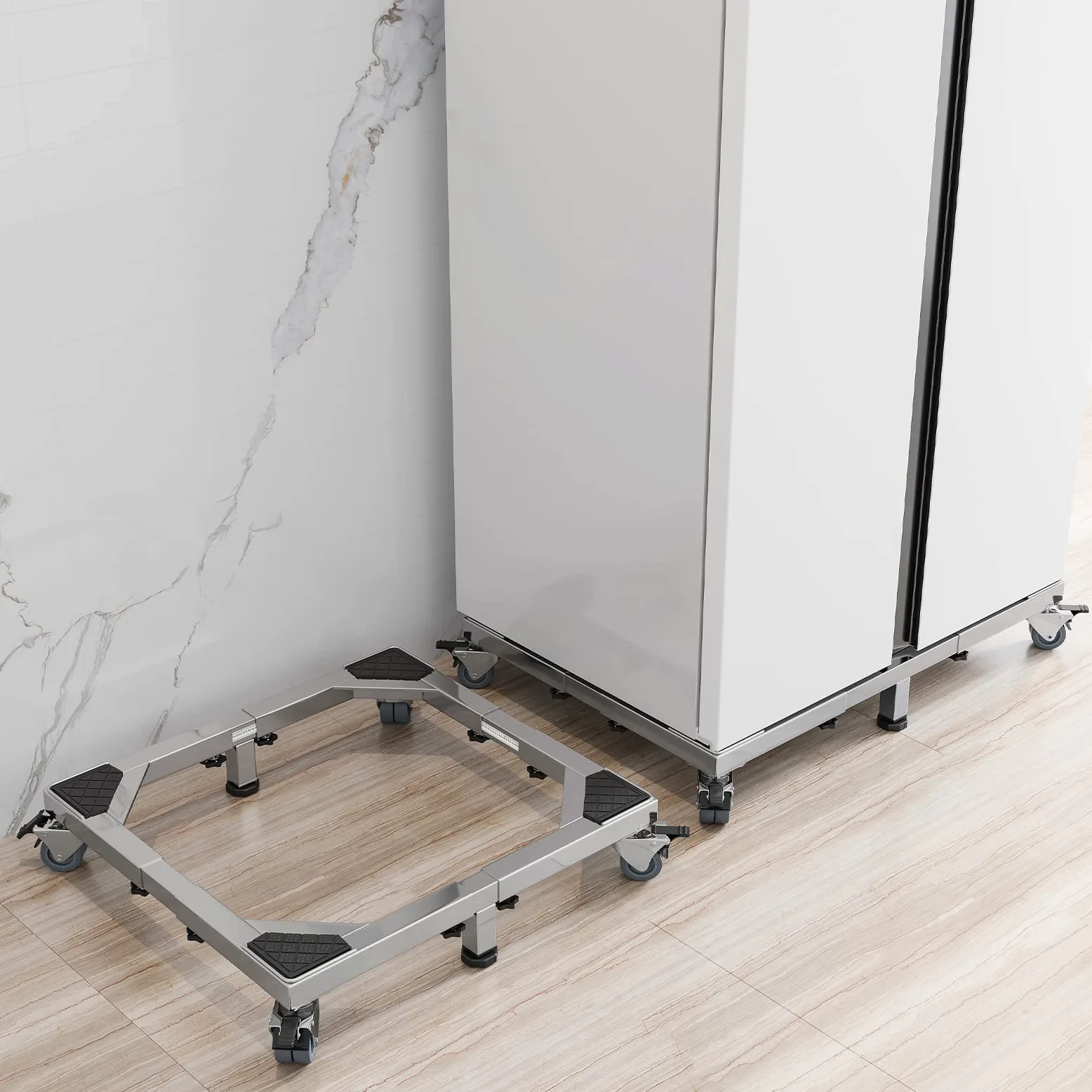 Chinchilla Base móvil de acero inoxidable resistente para nevera, soporte de lavadora con ruedas, plataforma ajustable para lavadora, nevera y secadora (grande