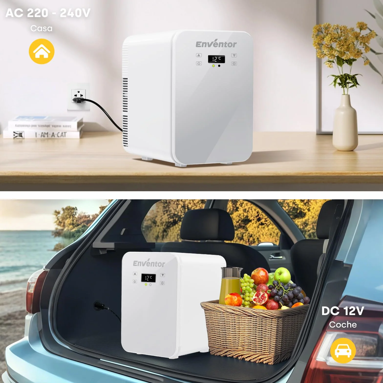 Enventor Nevera Pequeña Portátil 10L Blanco, Mini Frigorífico Frío y Calor 12V/220V, Pantalla LCD