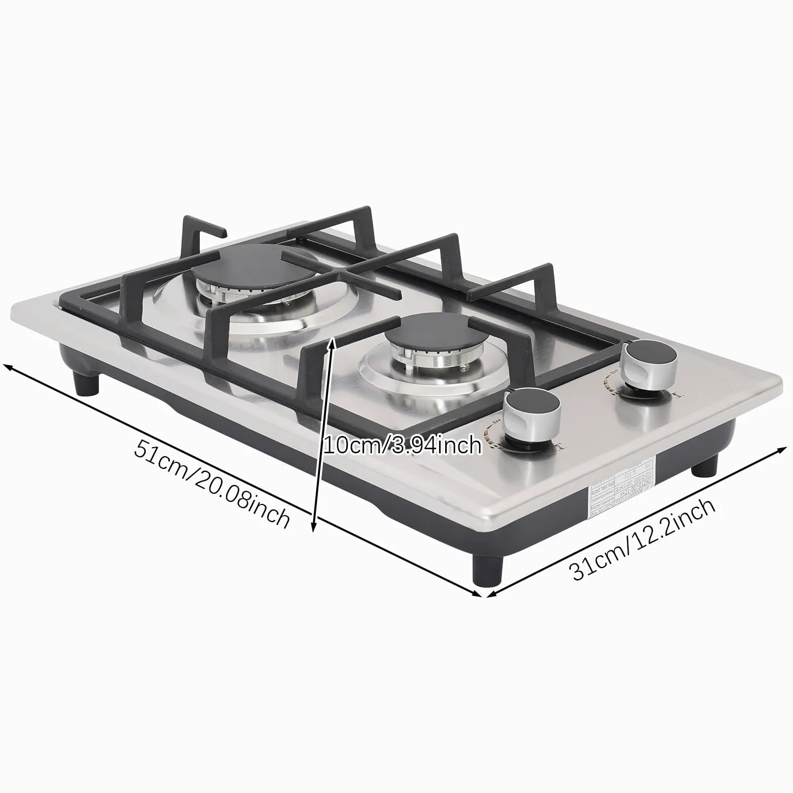 2 hornillos de gas empotrables, 3 kW + 1,75 kW, con boquilla reversible (LPG/NG), cocina de gas compacta de 51 x 31 cm, regulador independiente para camping, autocaravana y cocina (plata)
