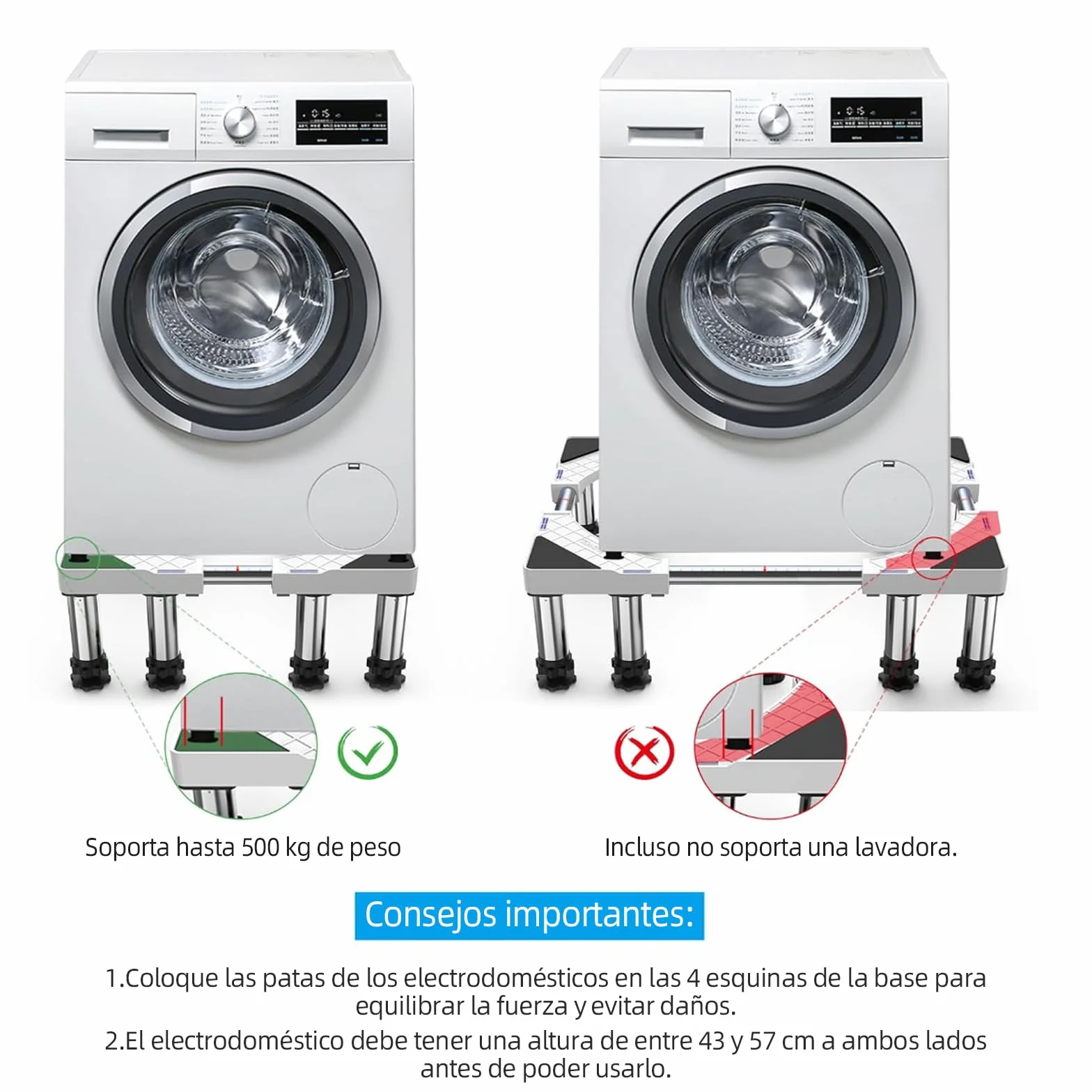 DEWEL Base de la Lavadora de 8 Pies, Carga de 500 kg, Base de la Lavadora del Refrigerador Ajustable, Secadora y Congelador, Longitud Ajustable 43 - 57 cm, Altura 18 - 20 cm, Tubería Cuadrada