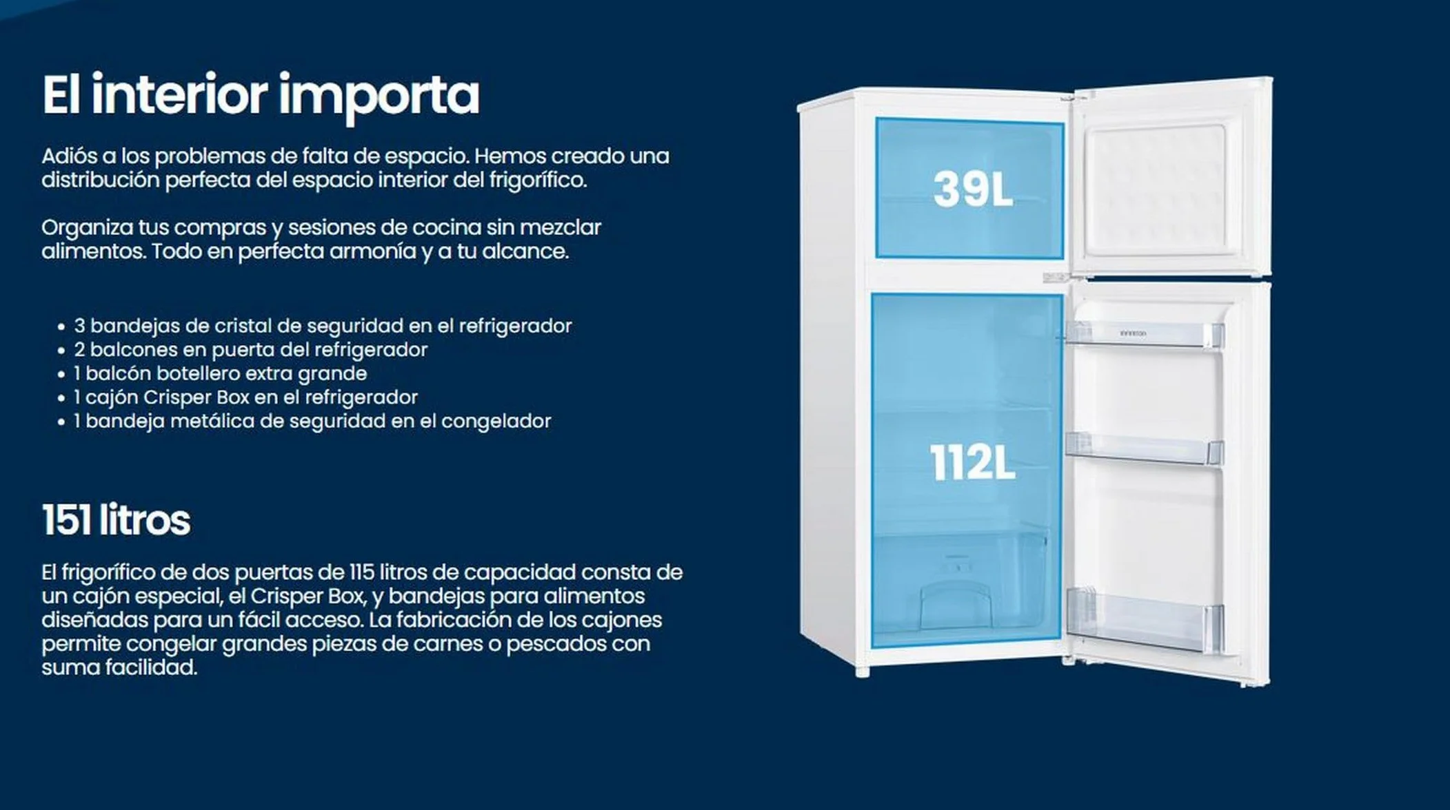 Frigorifico Dos Puertas Infiniton FG-151D12BEV, 151 Litros, 122 cm de Altura, Ancho de 50 cm, Ciclico, LED Interior, Regulación en altura, E, Blanco