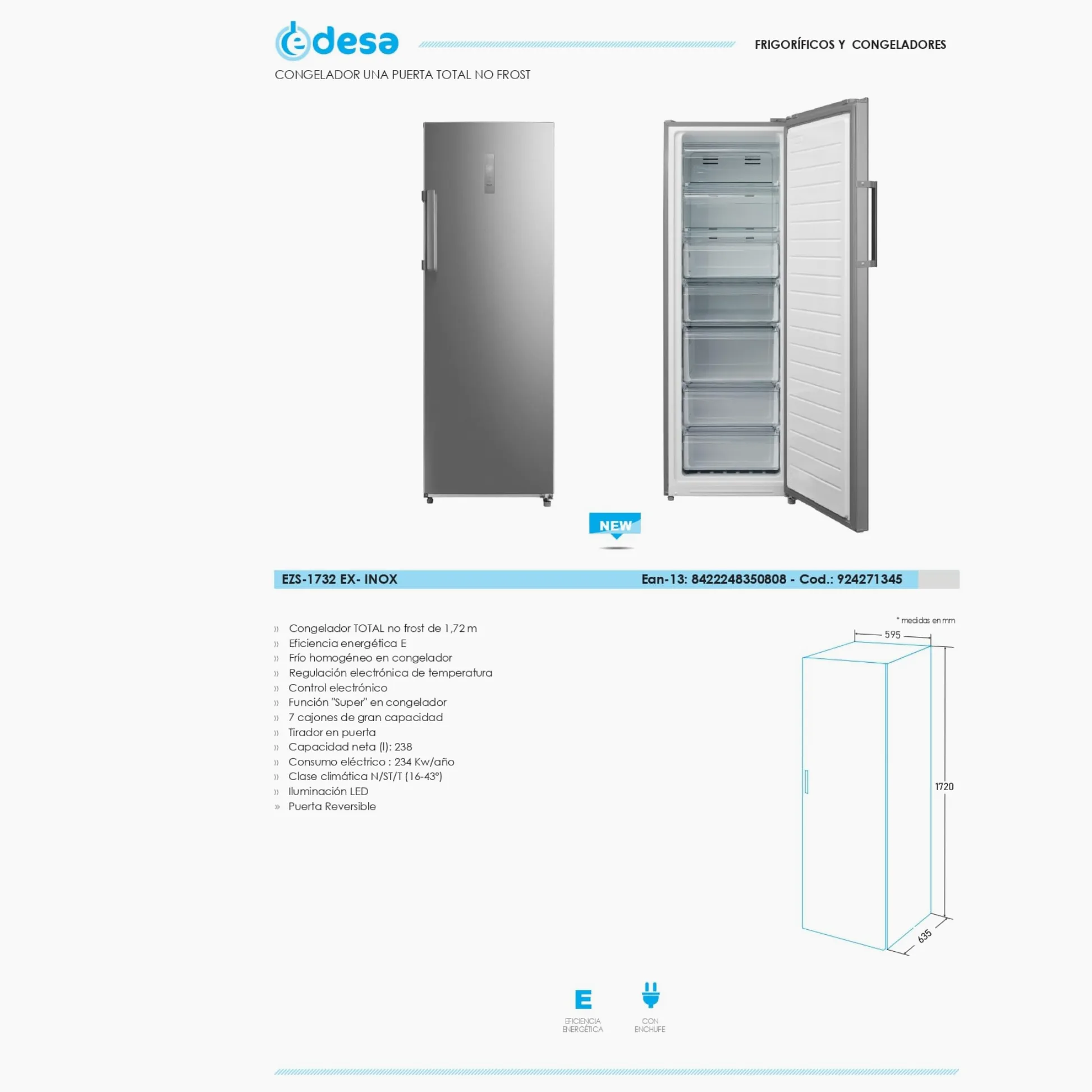 Edesa Congelador EZS-1732 EX/A Total No Frost, Regulación Electrónica de Temperatura, 7 Cajones de Gran Capacidad, Iluminación LED, Control Electrónico, Ancho 63,5 cm, Color Blanco