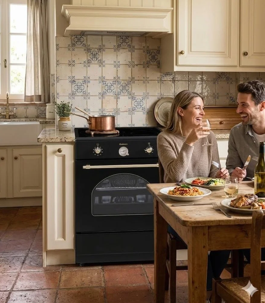 INDUCCION COCINA SOLTHERMIC 60x60 VTI60 NEGRA ACABADOS DORADOS/HORNO GRAN CAPACIDAD CON TURBO 60L / FUNCIONES BOOSTER, ALTA POTENCIA, CALENTAMIENTO RÁPIDO / 3 ZONAS (1 GRAN ZONA) / BAJO CONSUMO (A)
