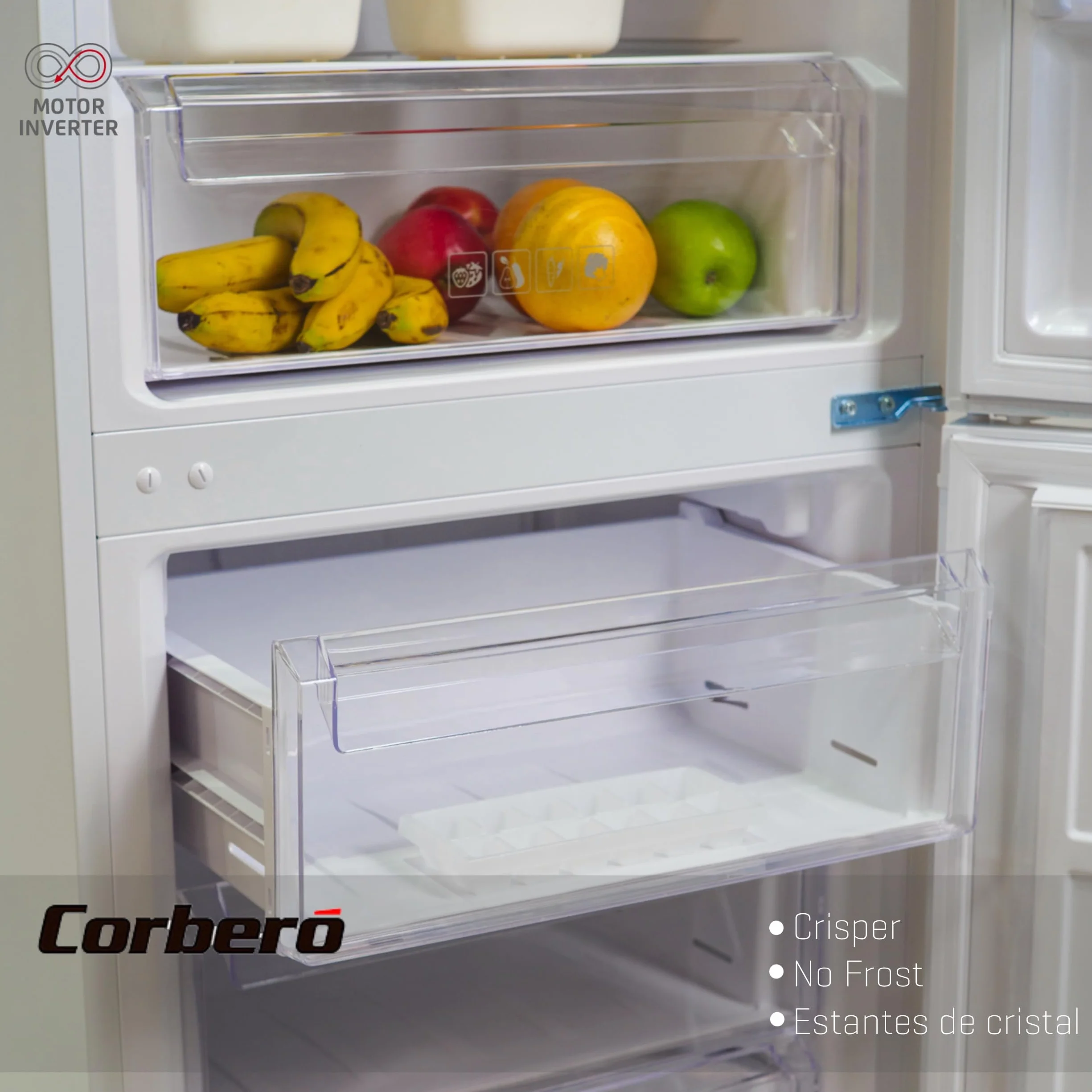 Corbero - Frigorífico Combi | CCH324EW | No Frost | 293L | 186 cm | Cajón Crisper | Estantes de cristal ajustables | Hueveras y Cubiteras | Luz Led | Blanco