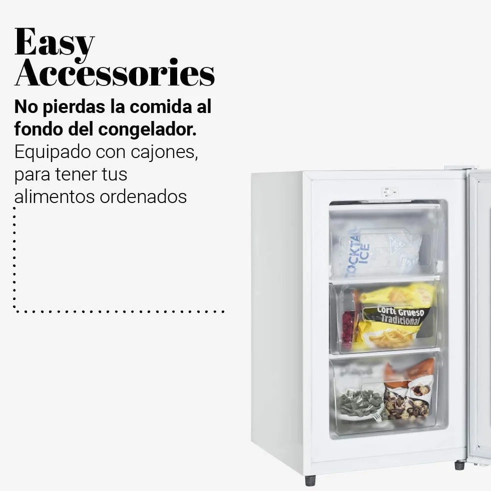 UNIVERSALBLUE Congelador Bajo Encimera Blanco | Congelador Arcón Refrigerador Vertical | Volumen 73 litros | 2 cajones abatibles + 1 | Clasificación E | Puerta Reversible |