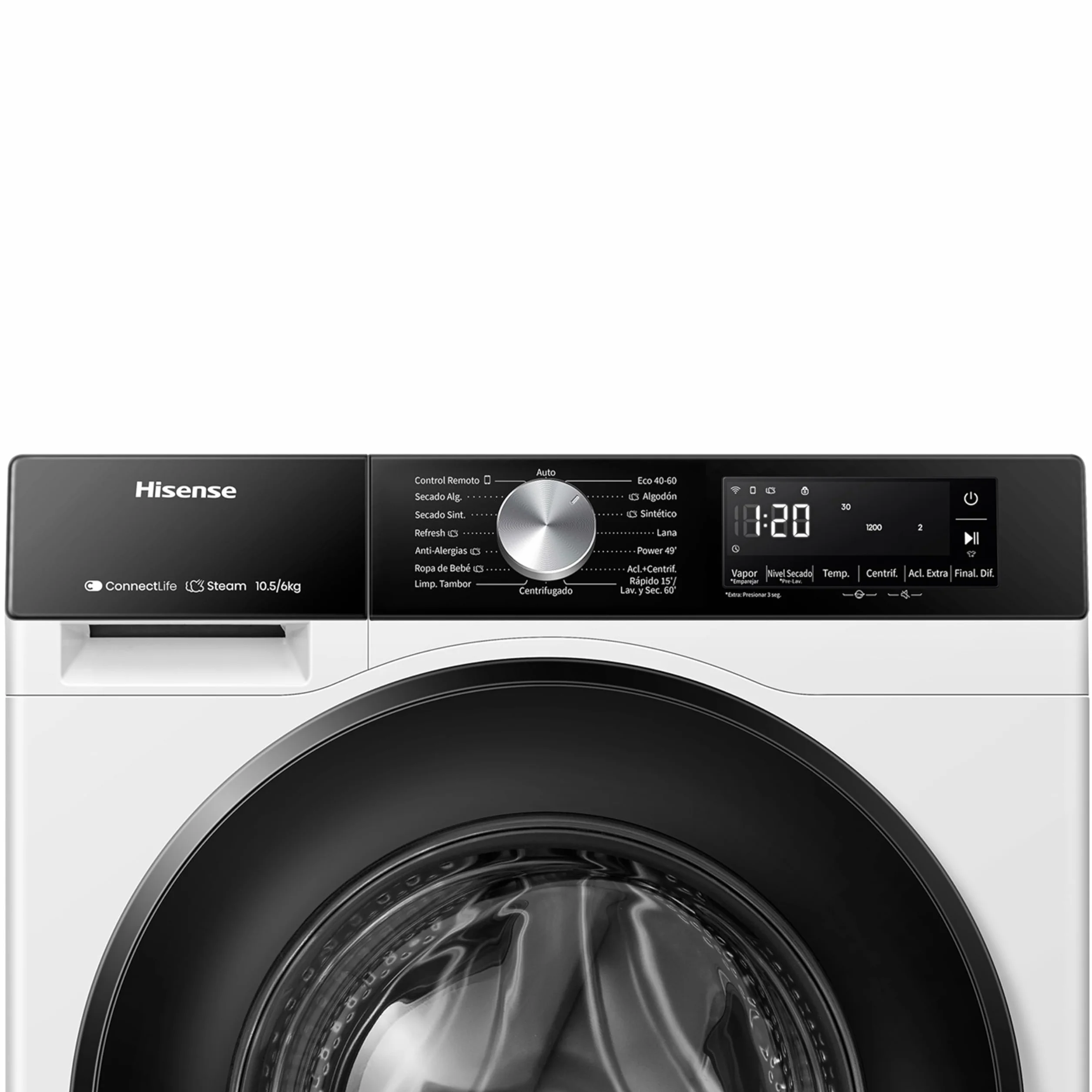 Hisense WD3S1043BW3 - Lavadora Secadora 2 en 1 con Vapor,Clase D/A, Carga Frontal 10.5 kg Lavado, Secadora 6 kg, Conectividad WiFi, Programación Asistida, Monitor de Consumo, Serie 3S, Blanco