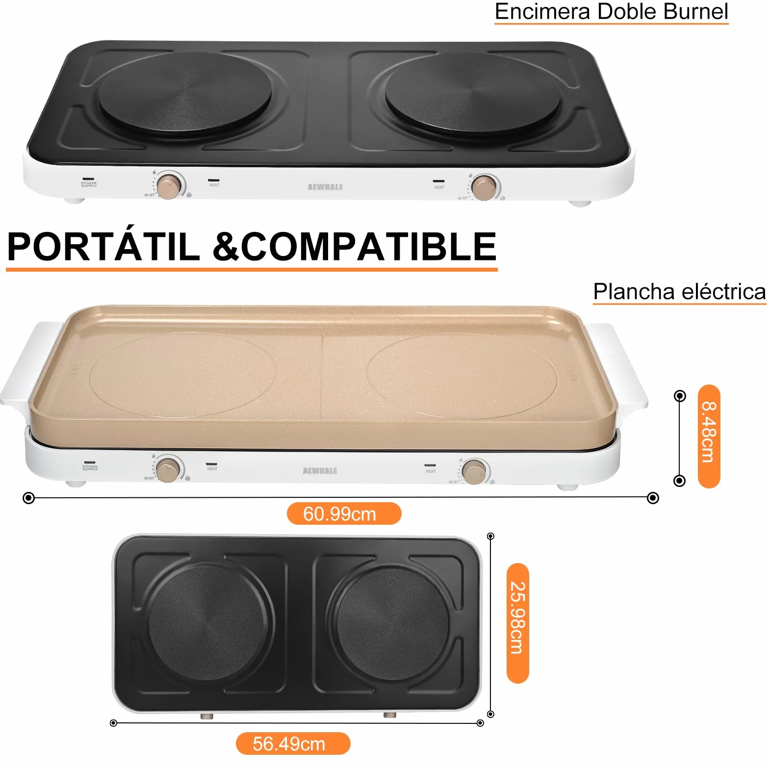 AEWHALE Cocina Eléctrica Portátil doble 2000 W,15.24 Cm de Diámetro, con Una Placa de Cerámica Antiadherente Extraíble y 5 Niveles de Regulación de Temperatura