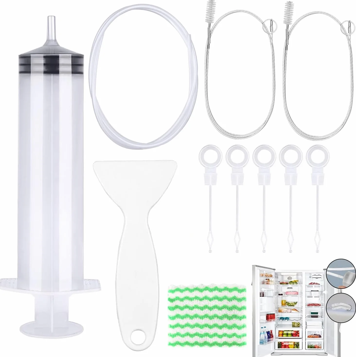 11 Piezas Kit De Limpieza De Refrigerador, Reutilizable Cepillo De Limpieza para Frigorífico, Cepillo De Limpieza para Frigorífico con Jeringa, Manguera, Pala De Descongelación, Tapones