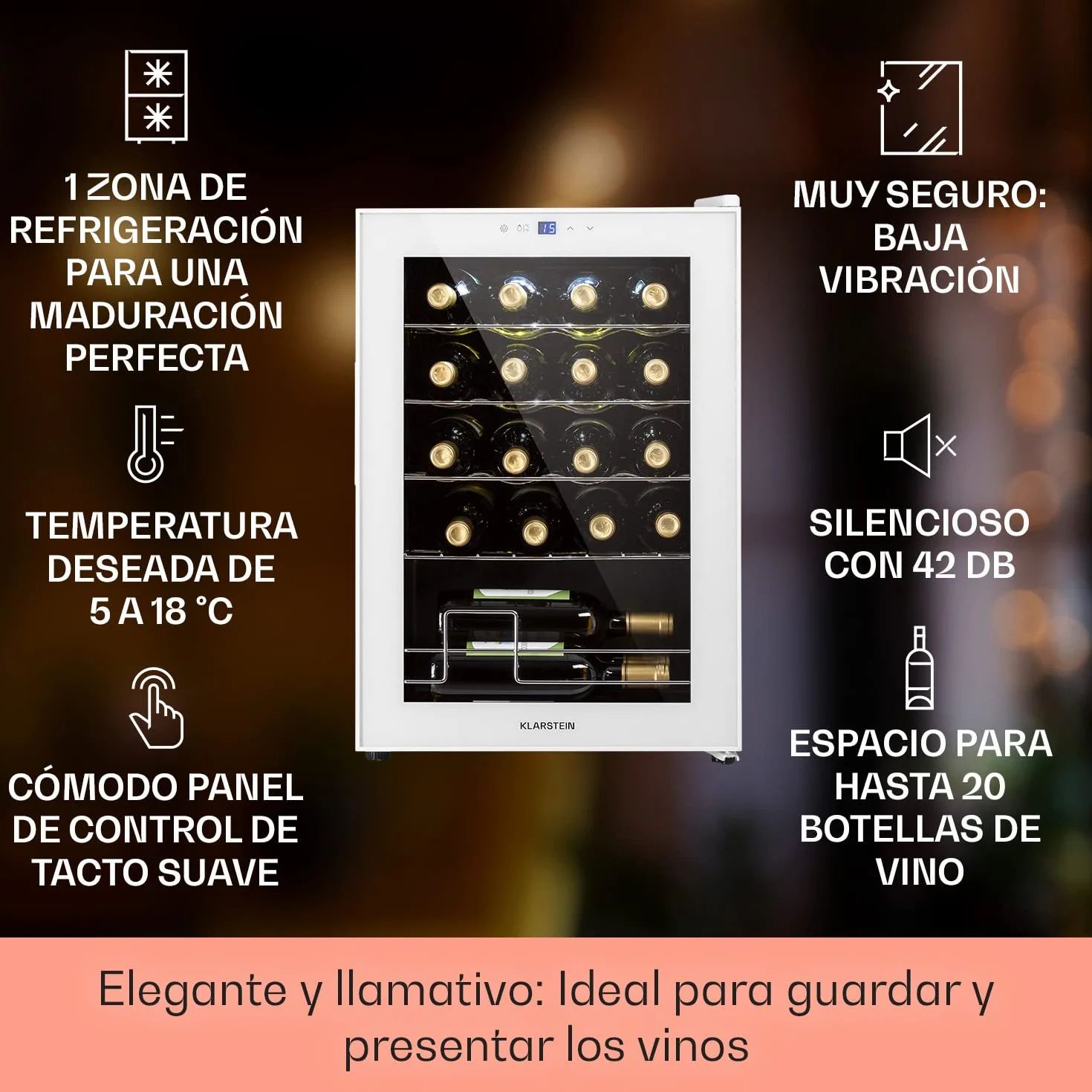 KLARSTEIN Vinoteca para Vinos de 53L Nevera Vino Una Zona, Botellas Vino, Proseco y Cervezas, Vinoteca Pequeña Puerta Cristal para Interior y Exterior, Nevera para Vinos Capacidad 20 Botellas