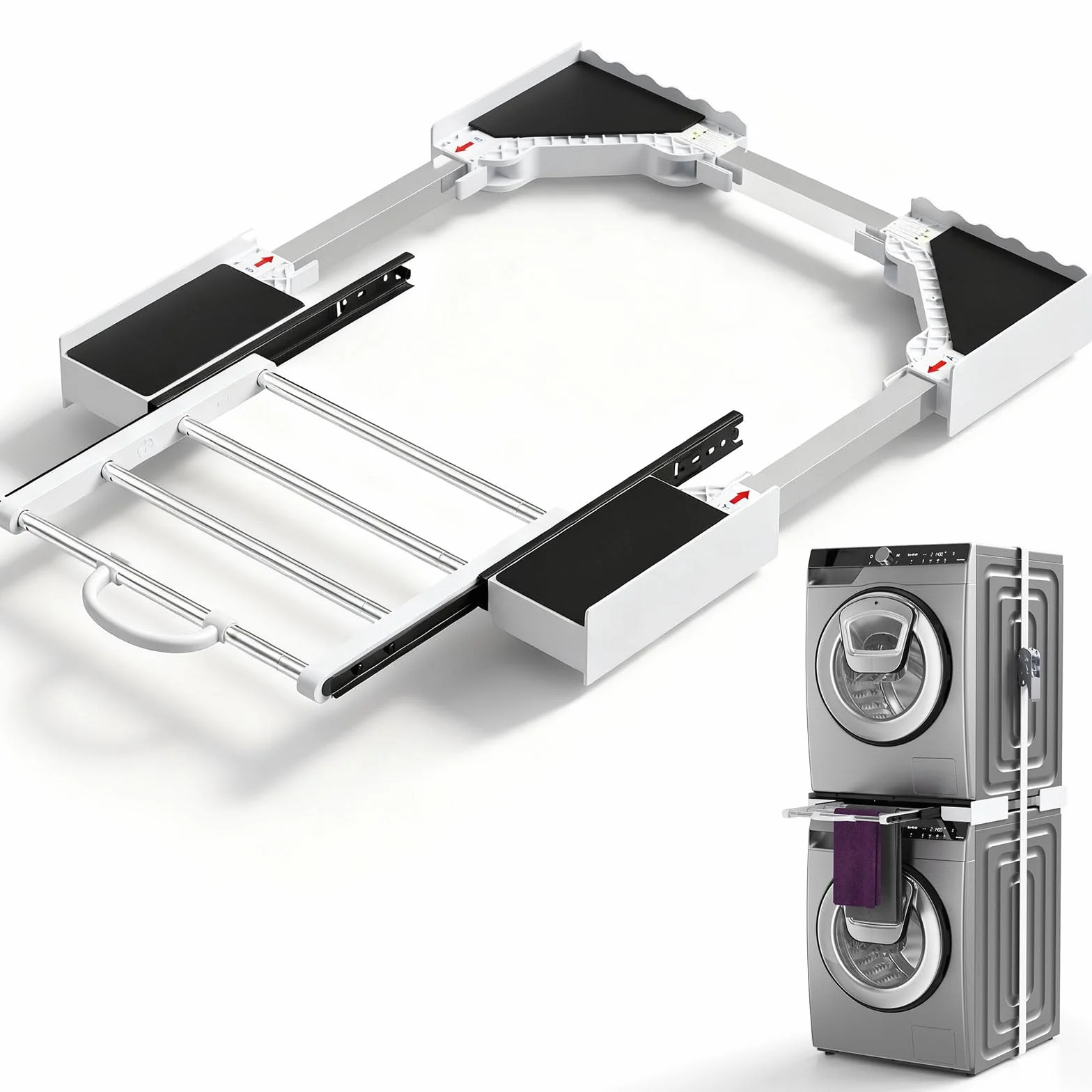 Kit universal de unión para lavadora y secadora con estante deslizante, kit universal de estanterías apiladas con trinquete y marco intermedio ajustable para lavadoras de 46-72 cm