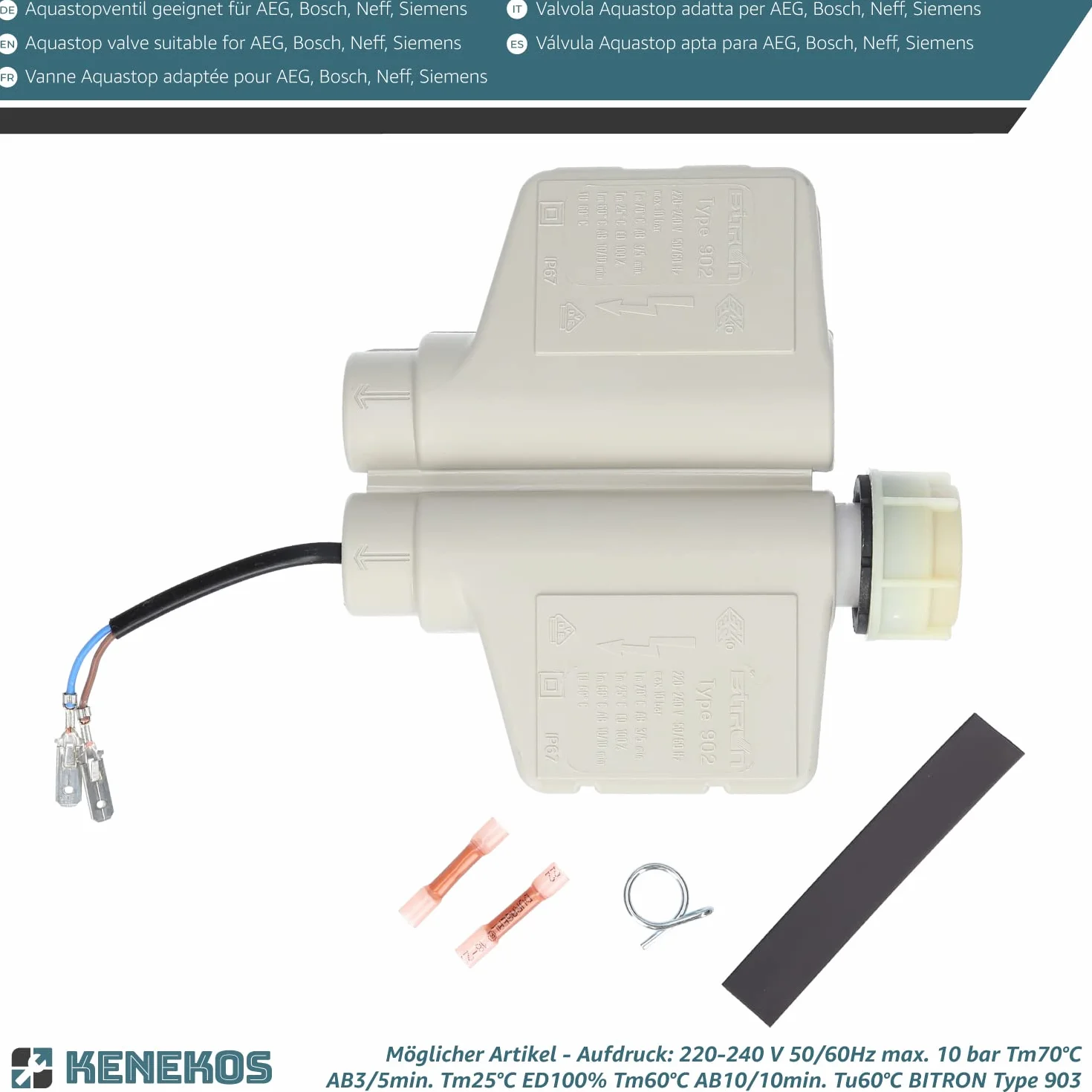 Kenekos - Kit de reparación de la válvula aquastop para la manguera aquastop, Bitron tipo 902 compatible con Bosch/Siemens, como 00263789/263789 con conexión de tornillo de 3/4 de pulgada