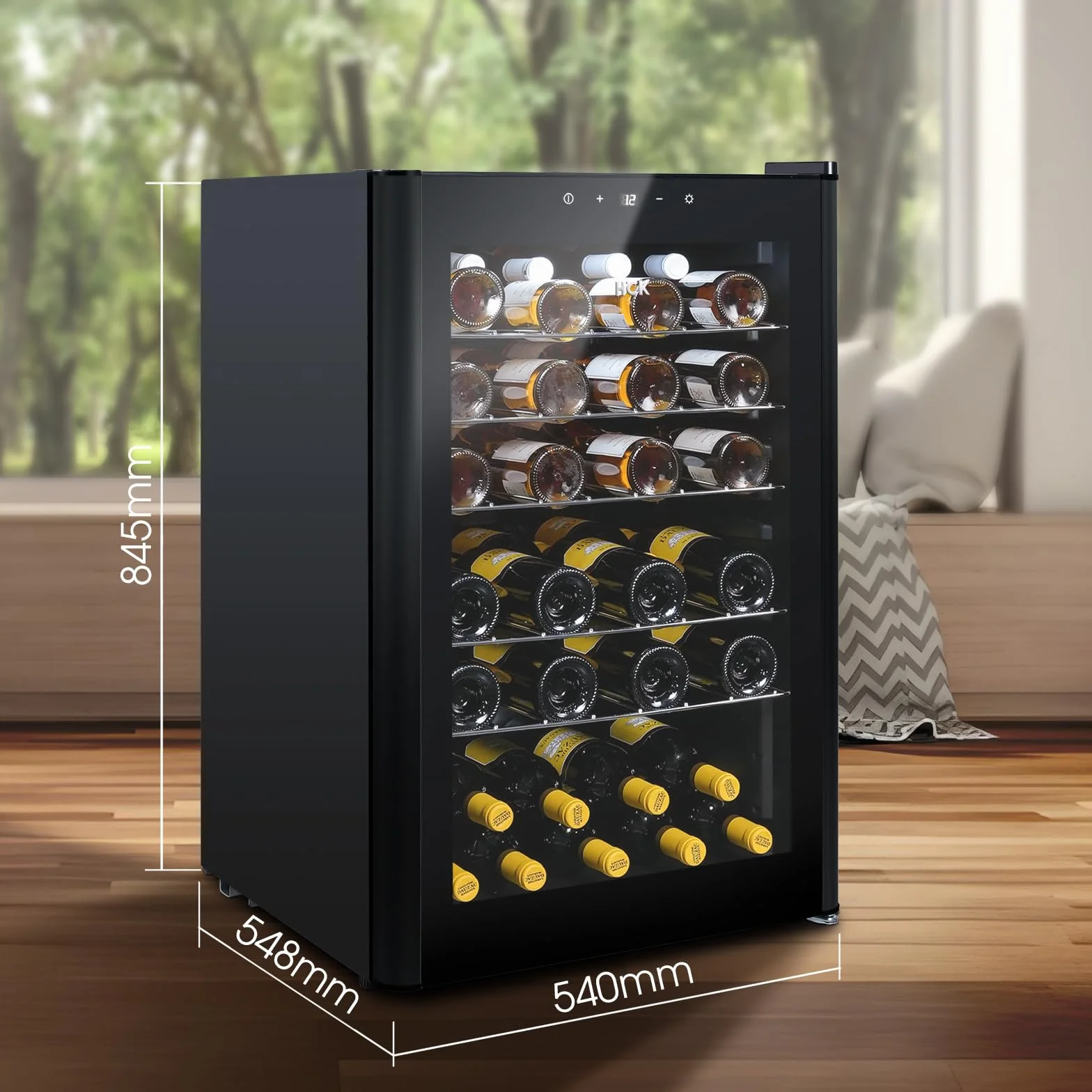 HCK Vinoteca, Nevera para Vinos 1 Zona de Refrigeración, 48 Botellas, 115 L, 4-22°C, Pequeña Nevera de 85 cm de Altura Con Panel Táctil, Silenciosa con Puerta de Vidrio, Negro