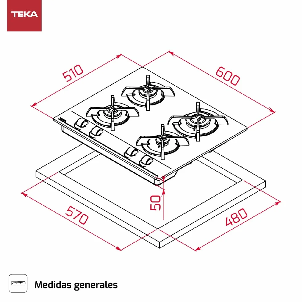 TEKA Placa de Gas 60 cm, 4 Quemadores, Autoencendido y Seguridad Termopar, Parrillas de Fundición, Modelo GBC 64000 KBN