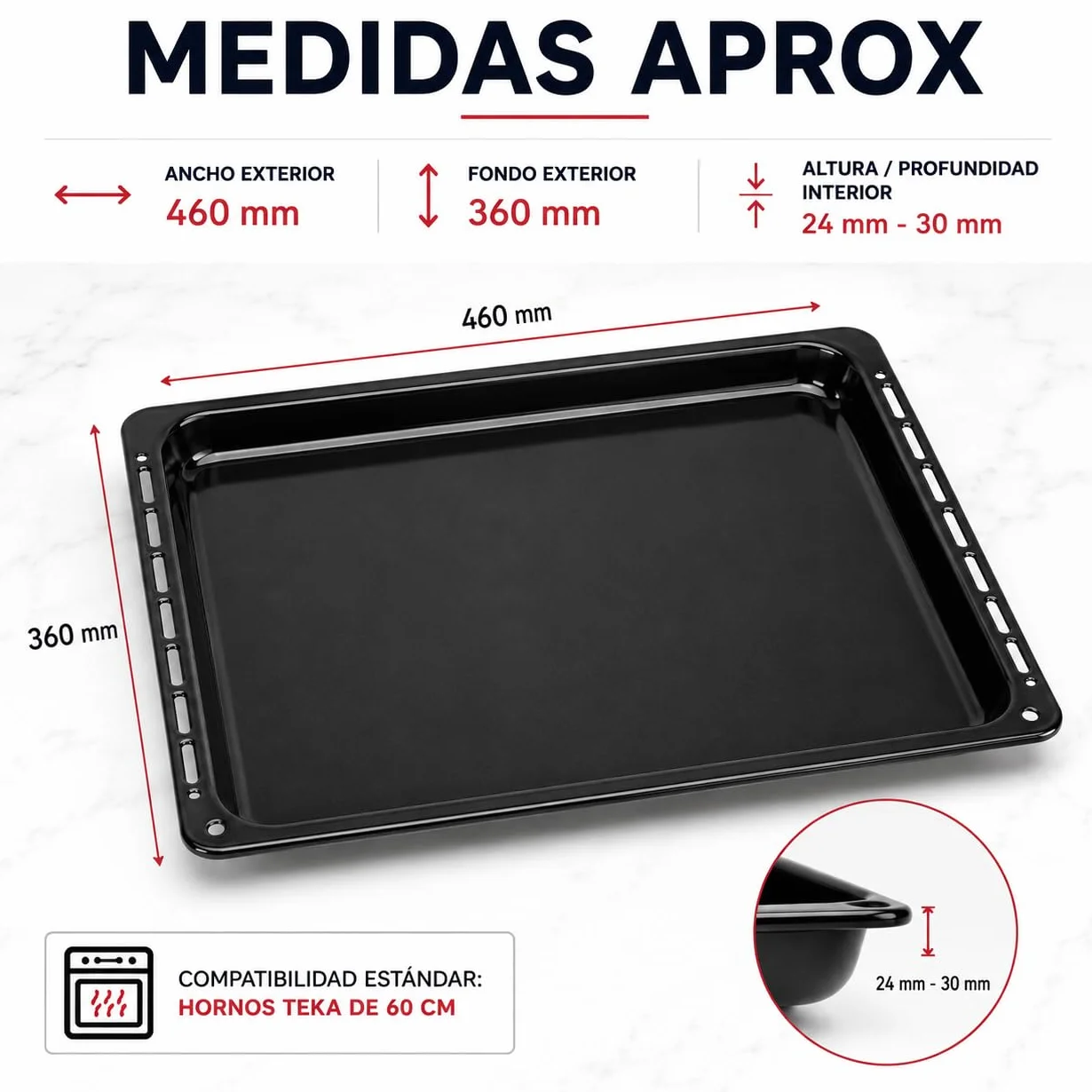 CABLEPELADO Bandeja para horno Teka | modelo 82405901 | Bandeja profunda esmaltada Horno Teka | 368 mm profundo x 460 mm ancho