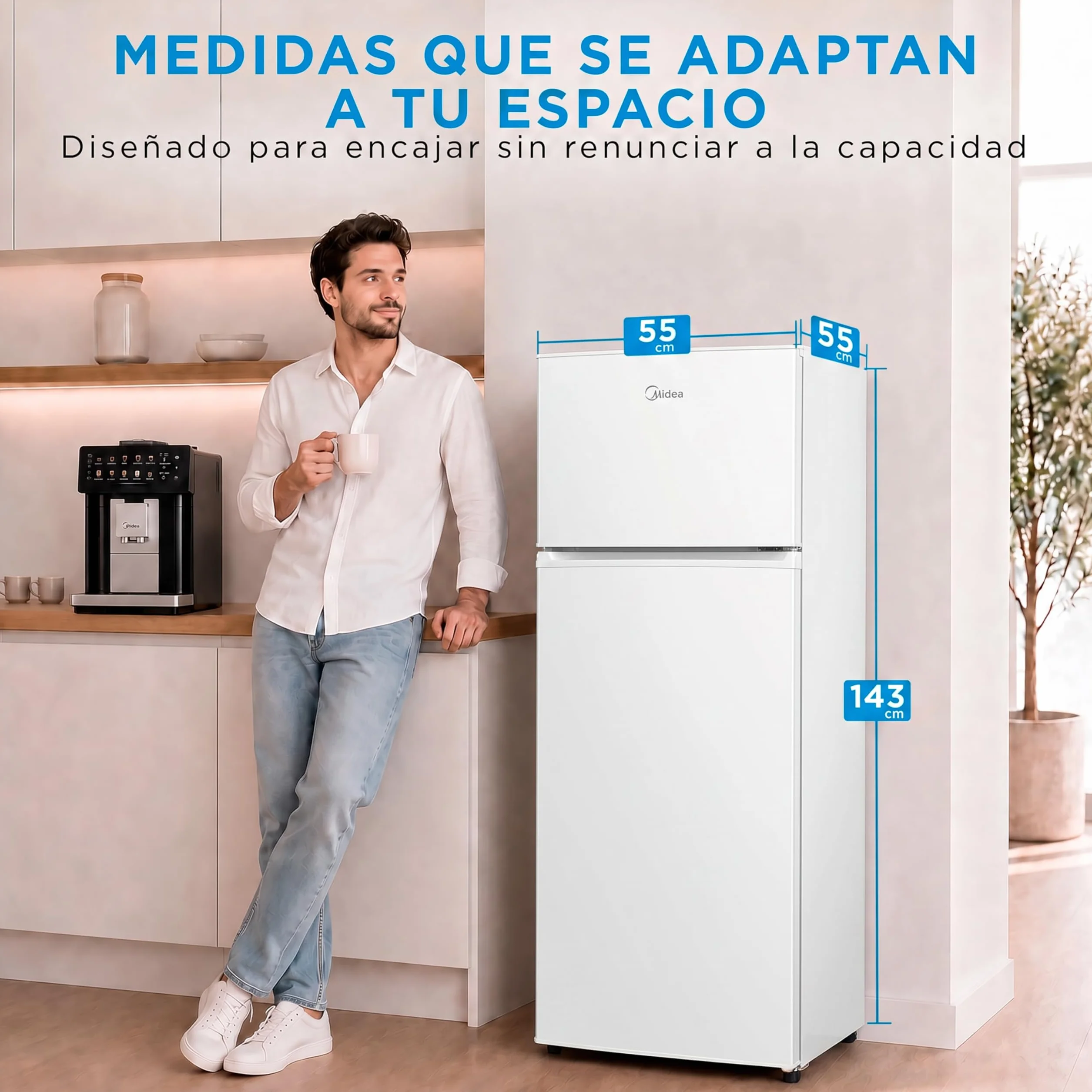 Midea Frigorífico 2 puertas 140 cm alto x 55 cm ancho, Blanco, Capacidad 204 L, Nevera Pequeña con Congelador Low Frost de Bajo Consumo, Puerta Reversible, Luz LED, Silencioso 40dB, Cajón de Frutas