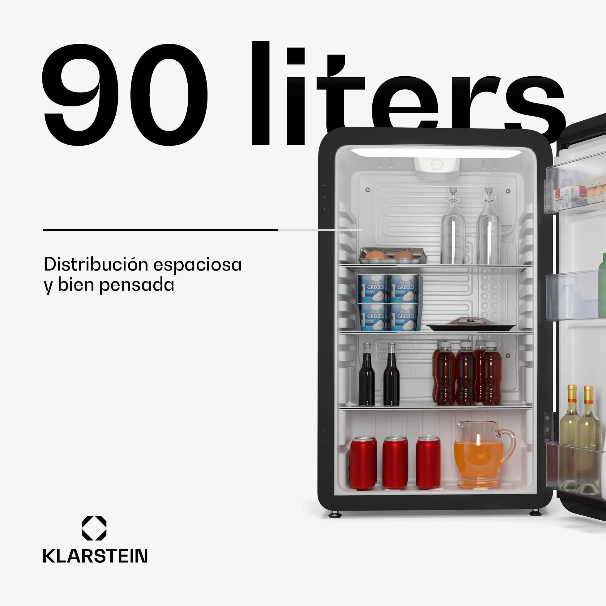 KLARSTEIN Audrey Evo 90L Mininevera Retro - Silenciosa 40 dB, Termostato Ajustable, Puerta Reversible, Nevera Pequeña para Habitaciones, Oficinas, Negro