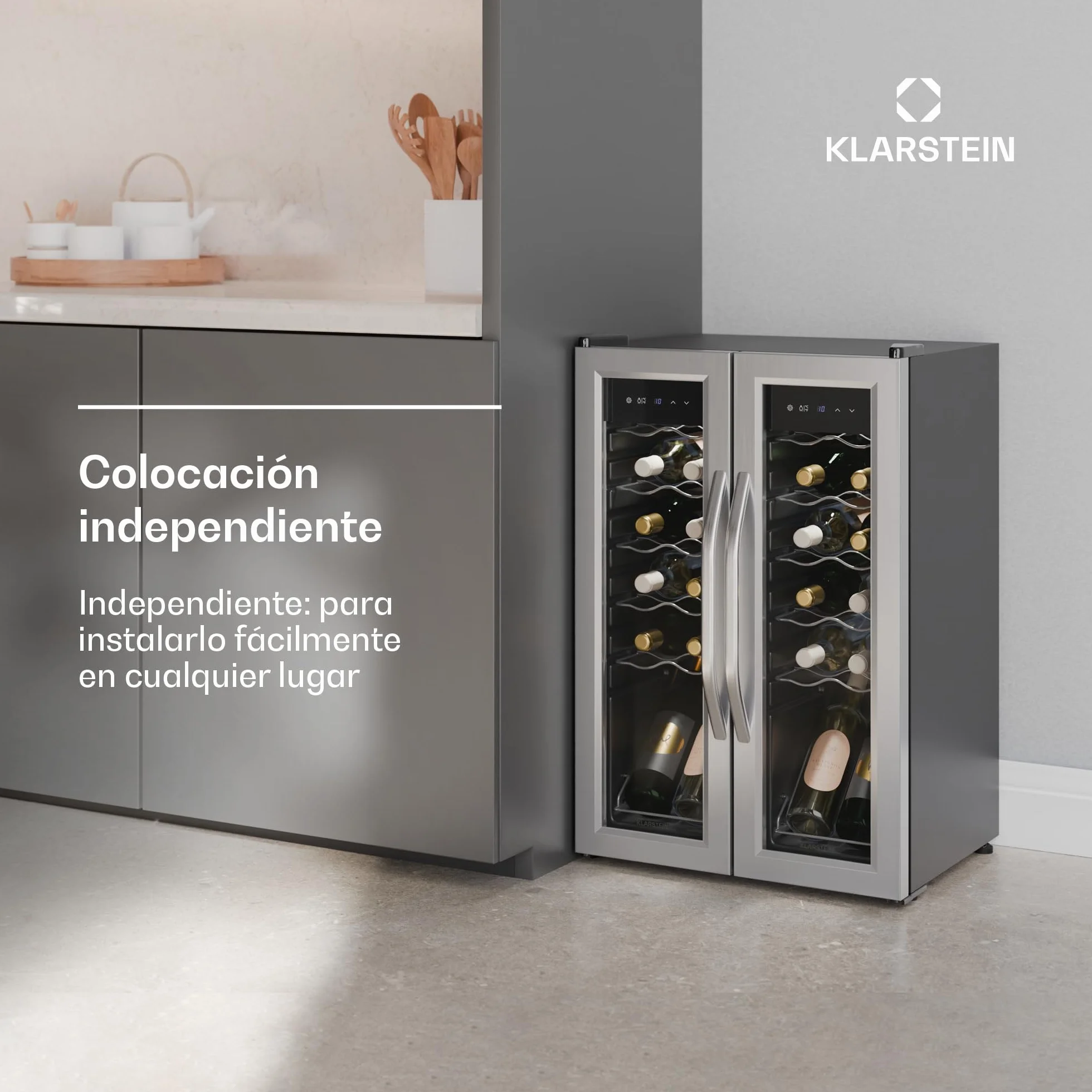 KLARSTEIN Vinamour nevera para vino 2 zonas - 24 botellas, 5-18°C, control táctil, iluminación LED, independiente, acero inoxidable doble puerta, nevera para vino