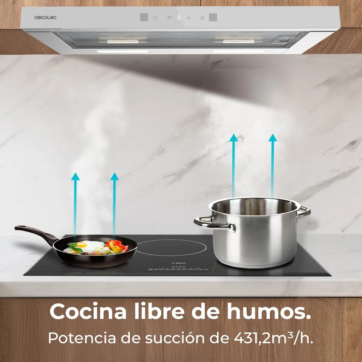 Cecotec Campana Extractora 60cm Telescópica Bolero Flux TLT 604400 Glass White A+++ 431,2m³/h Motor DC Control Táctil